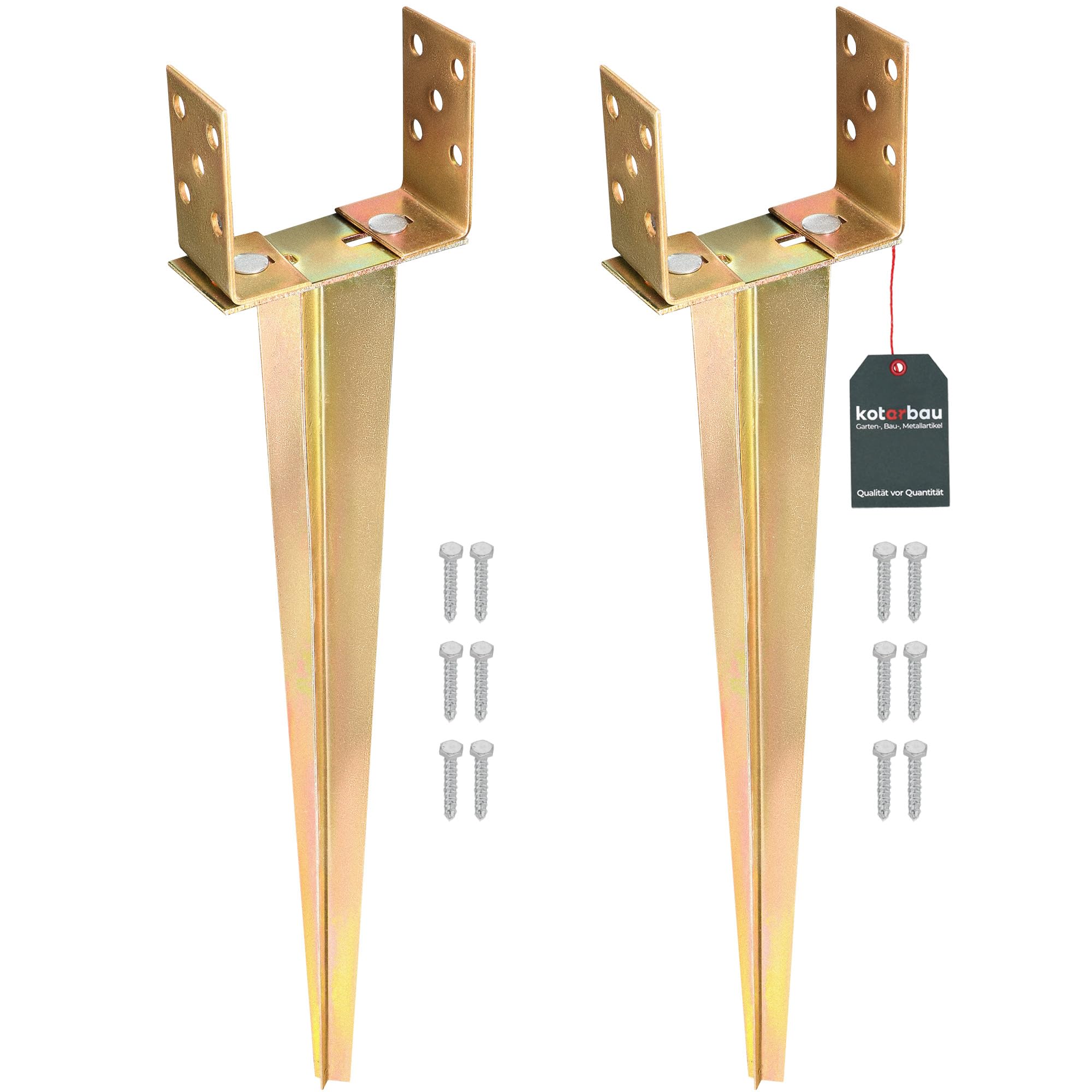 KOTARBAU® 2 pcs Fence Post Support - 0–160 mm (0–6.3 inches) - Galvanised Steel - 70 cm (27.6 inches) - Gold - Ground Spike - Adjustable Post Anchor - U Bracket - for Fencing Garden Construction