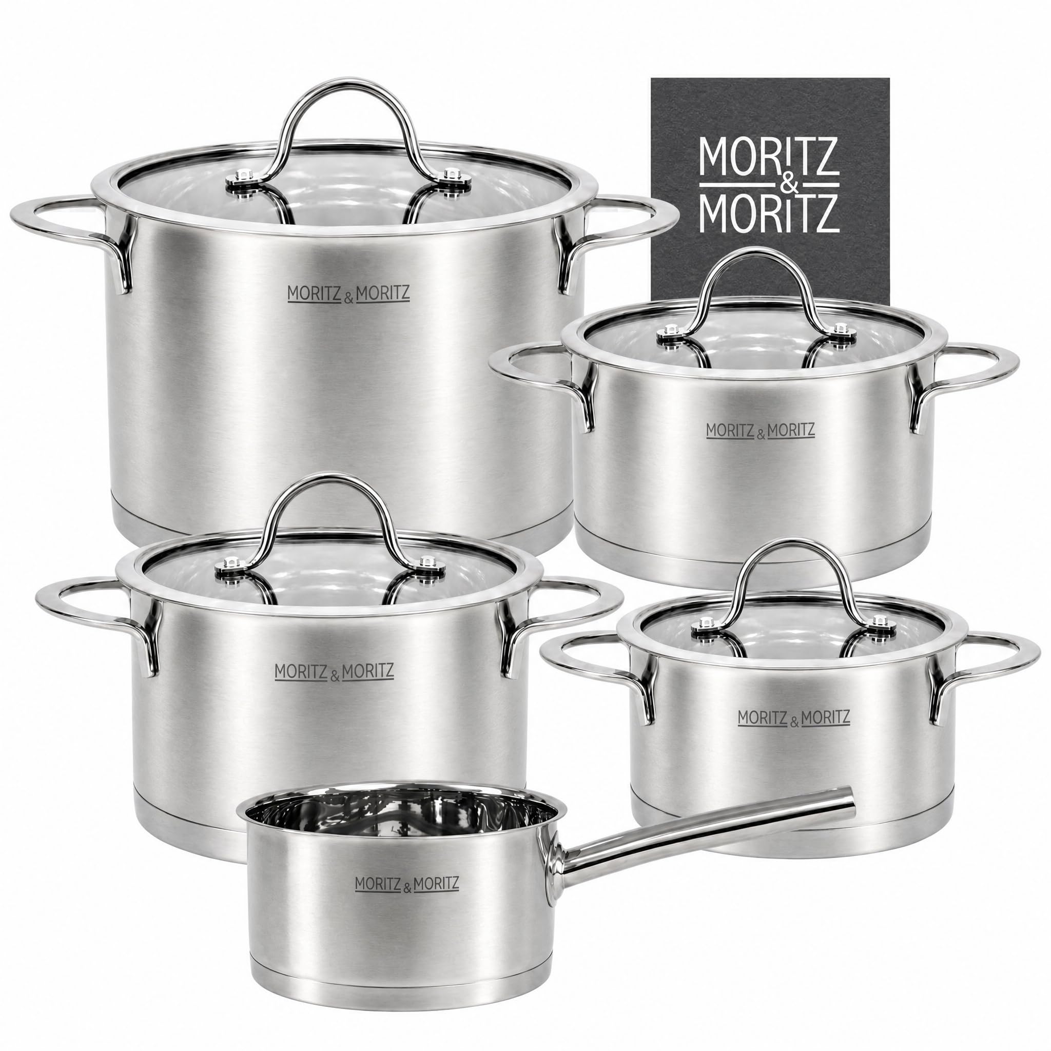 Moritz & Moritz 5-teiliges Kochtopfset inkl. 4 Glasdeckel - Edelstahl Topfset Induktion & alle Herdarten - stylische Töpfe mit Deckel & Stielkasserolle - Geeignet für Spülmaschine & Backofen