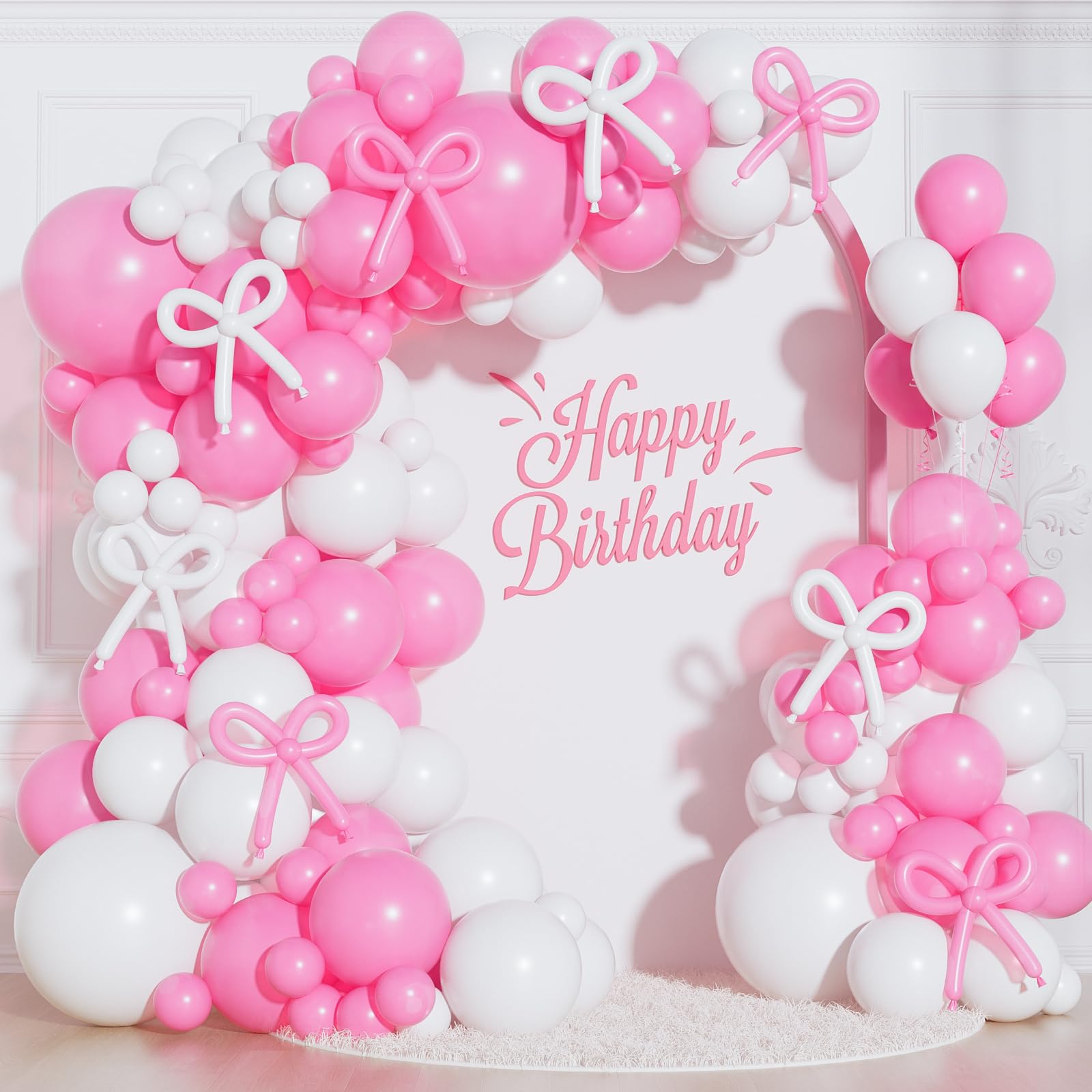 HKYOOD Pink Bow Balloon Garland Arch Kit - 200Pcs Coquette Birthday Decorations Coquette Pink and White Balloon Arch Kit Different Size for Wedding