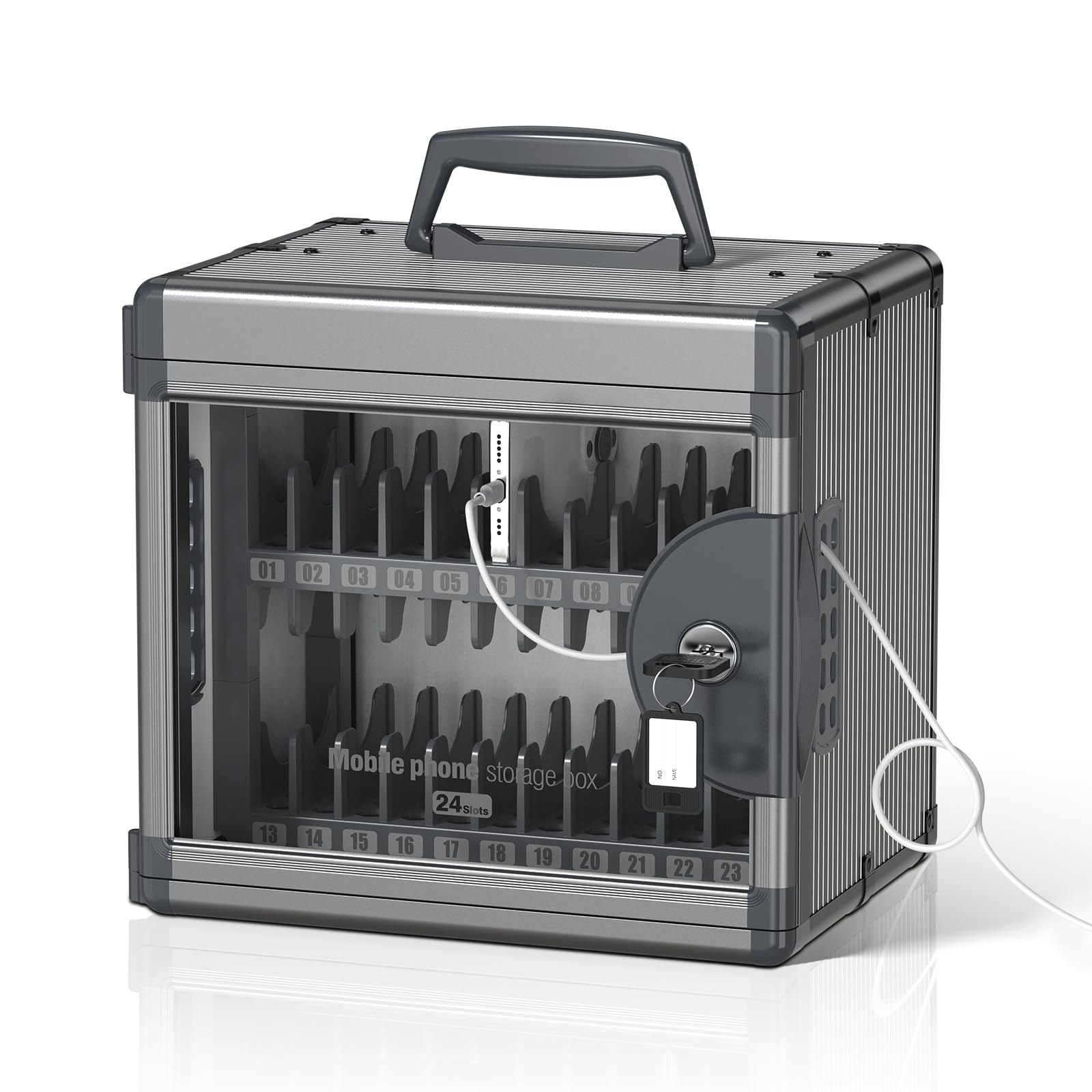 Handygarage mit 24 Fächern für Schule, mit Schlüssel, tragbare Handy-Aufbewahrungsbox mit Griff und Rahmen aus Aluminiumlegierung, wandmontiertes Handytresor für das Büro