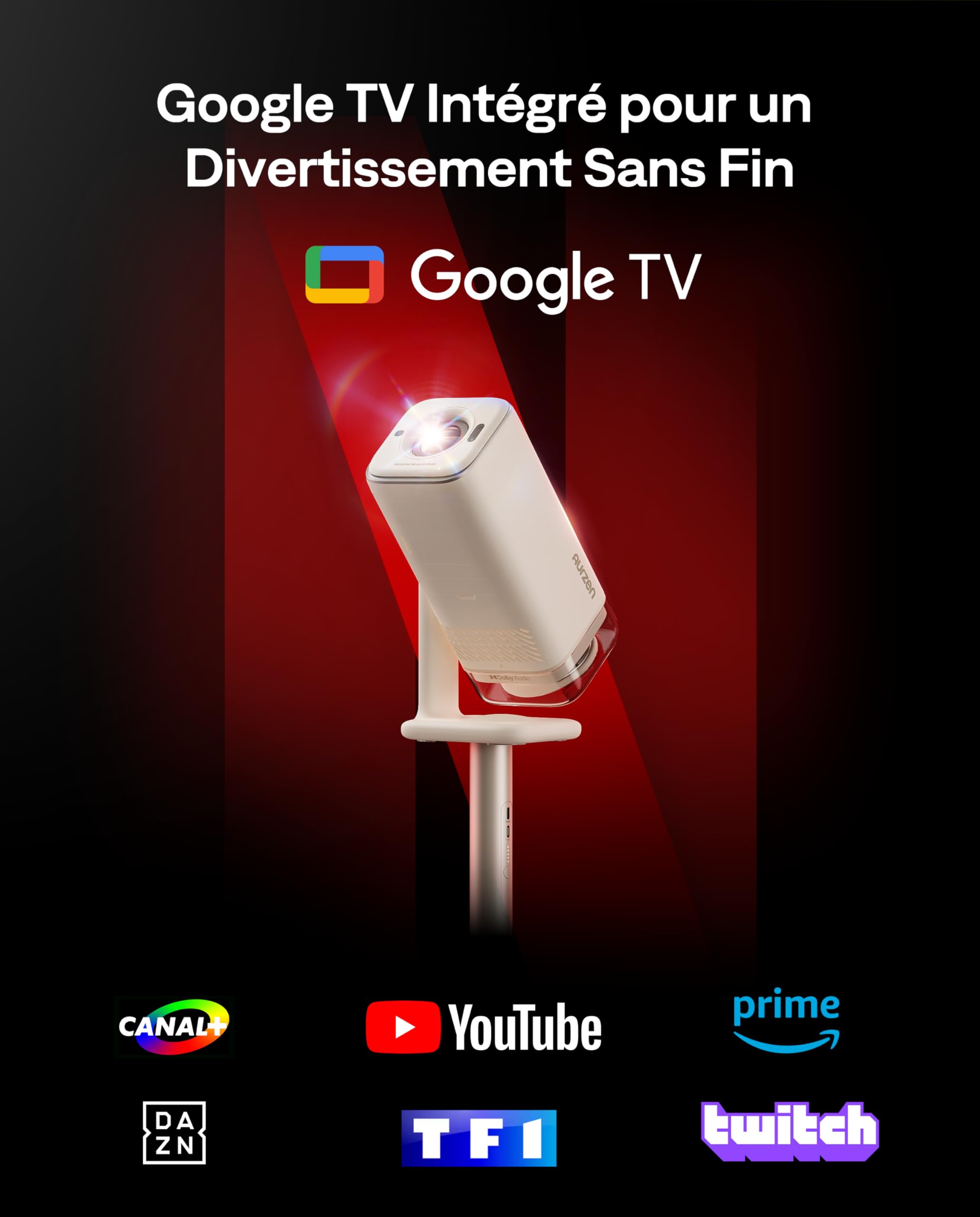 Aurzen Boom air Vidéoprojecteur avec Google TV & Netflix, Recharge USB-C | Retroprojecteur Portable d'extérieur, 4K compatible, Dolby Audio, autofocus TOF, Wi-Fi & Bluetooth, Blanc Crème