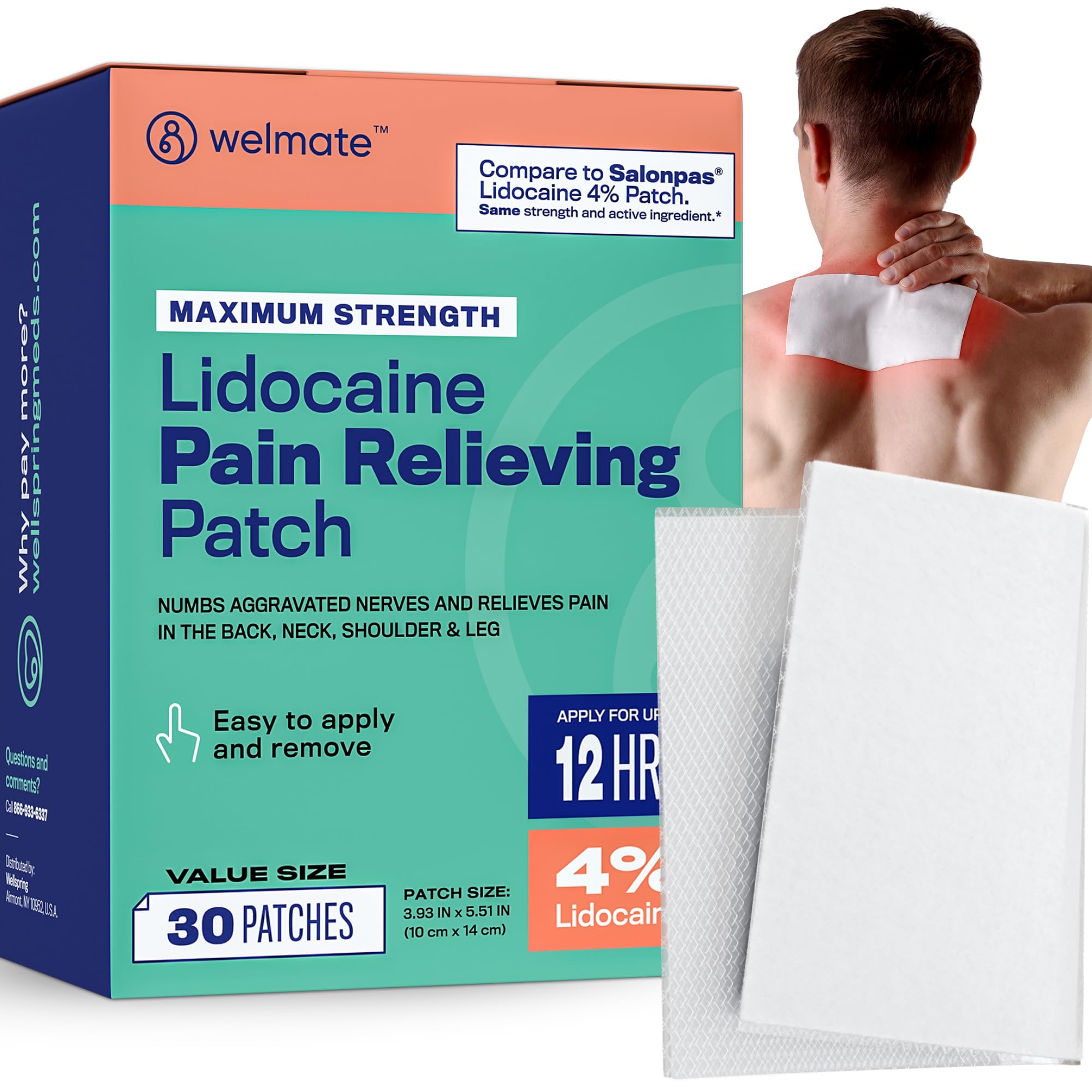 WELMATE - 4% Lidocaine Numbing Patch - Maximum Strength - Temporary Relief of Pain, Back, Neck, Shoulders, Knees, Elbows, Minor Skin Irritations - Topical Analgesic Unscented - 30 ct