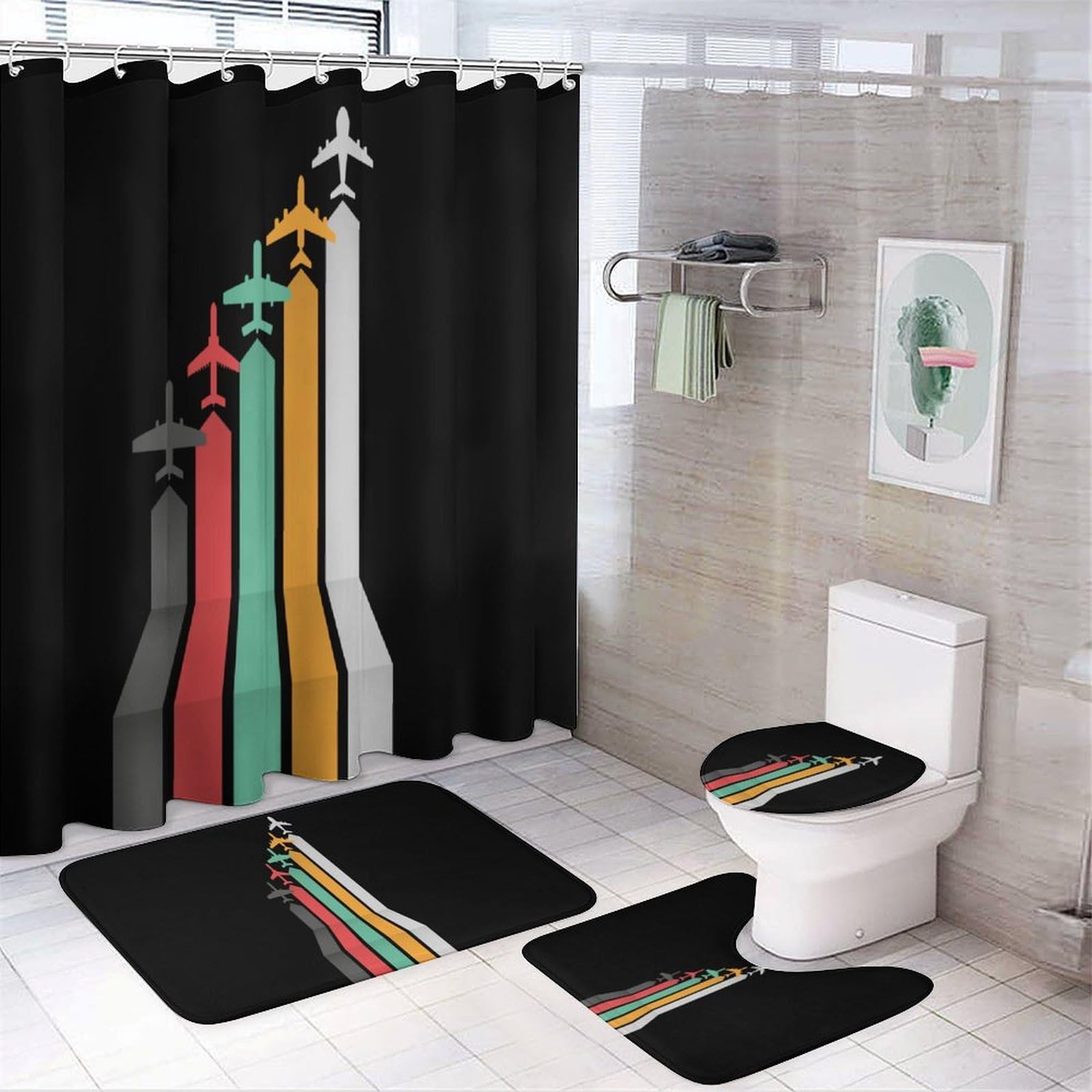 CGSBNGHA Airplane Shower Curtain Set 4 Piece Bathroom Sets with Rugs Toilet Lid Cover And U-Shaped Floor Mat