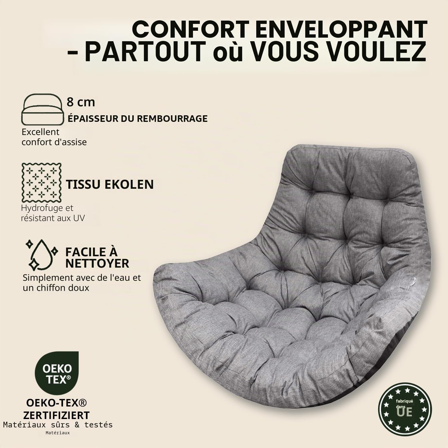 Coussin Fauteuil Suspendu 100x120 cm, Beige (Tissu écologique), Fauteuil Balancoire, Chaise Oeuf, Coussins d'extérieur/intérieur