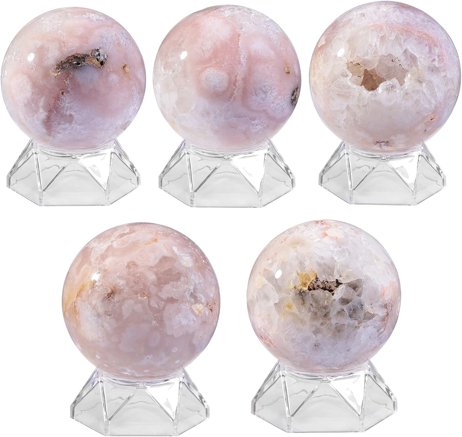 Sportmusies Natural Cherry Blossom Agate Stone Sphere with Acrylic Stand, Polished Crystal Ball Decoration for Home & Office, 2.36-2.76 inches