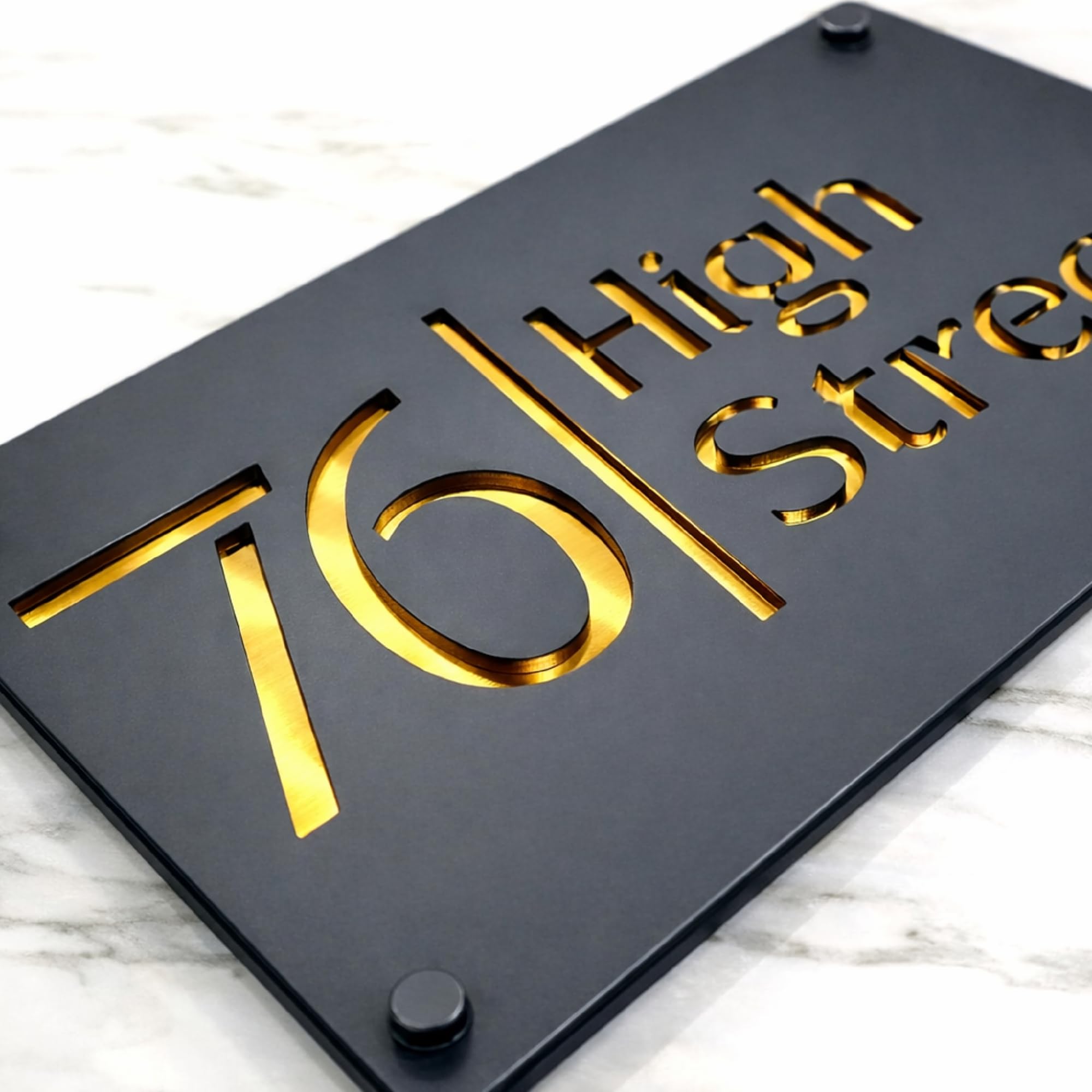 Housics Personalised House Numbers Plaques for Outside Matt Grey Acrylic Door Number Plaque with Gold Mirror House Numbers, Laser Cut Design with Premium Stainless Steel Mirror Back