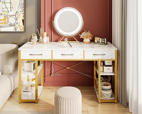 Miniatura 8 de ODK Escritorio de tocador con 3 cajones de tela y estantes de almacenamiento, tocador de maquillaje, escritorios de oficina en casa para dormitorio,