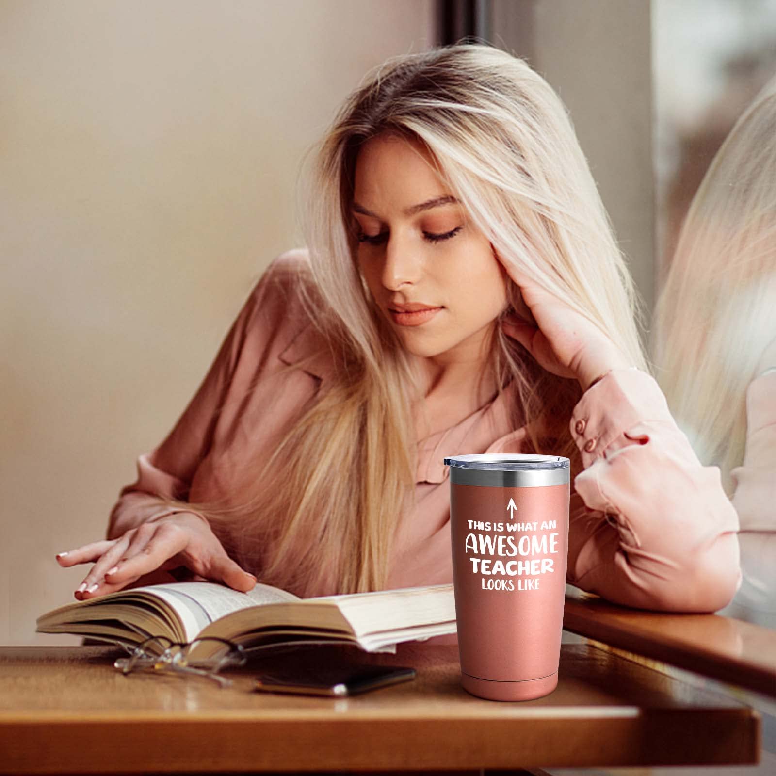 Livole End of Year Gifts Teachers,Teachers Gifts Women,Teacher Leaving Gifts,Thank You Teacher,Awesome Teacher,12OZ Double Walled Coffee Cup w/ Straw and Lid,600ml Insulated Coffee Mug,20oz-rose Gold - Image 3