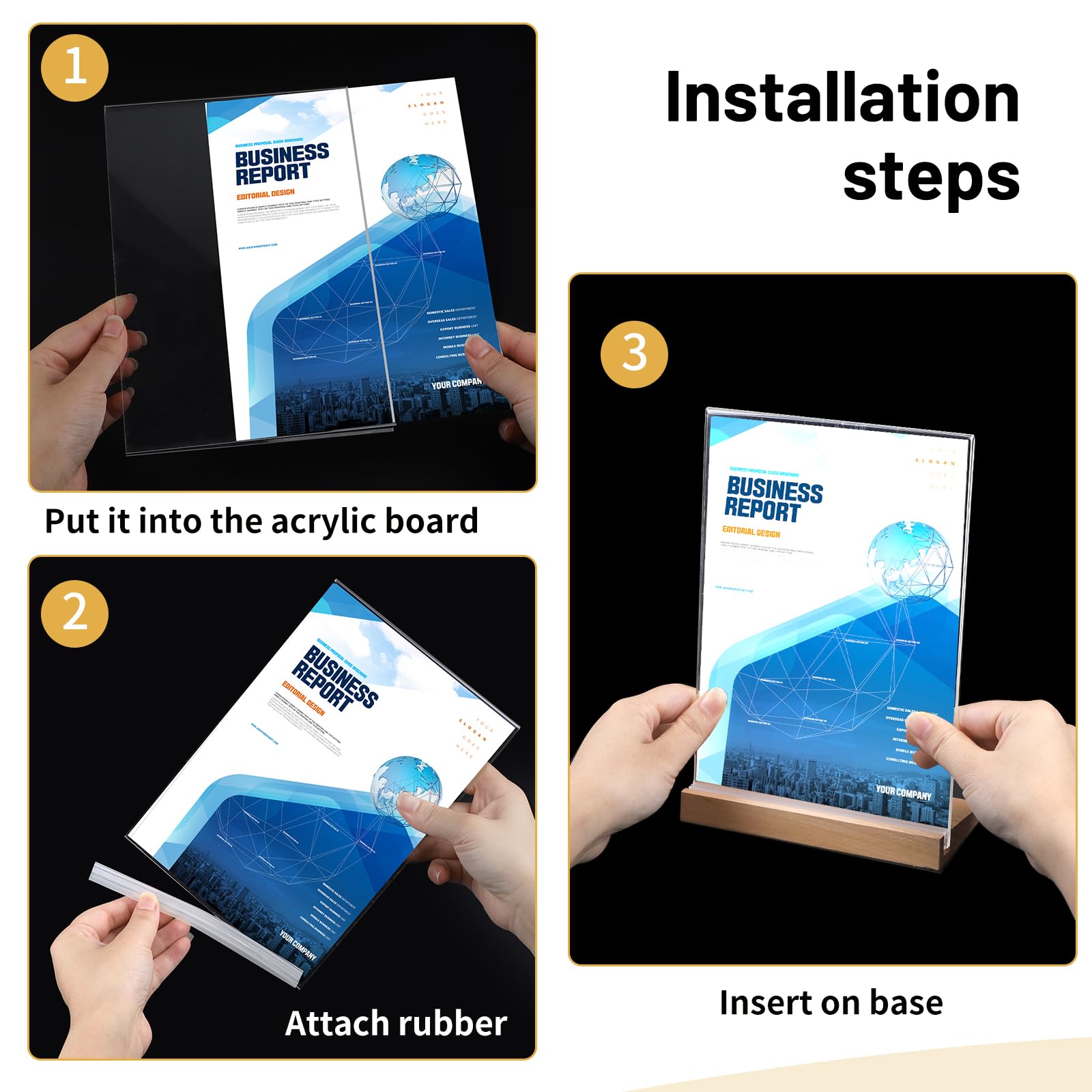 SWAWIS Lot de 4 Présentoir de Table A4 Acrylique avec Base en Bois, Porte Affiche Porte Menu Pour Cafés Restaurants Hôtel