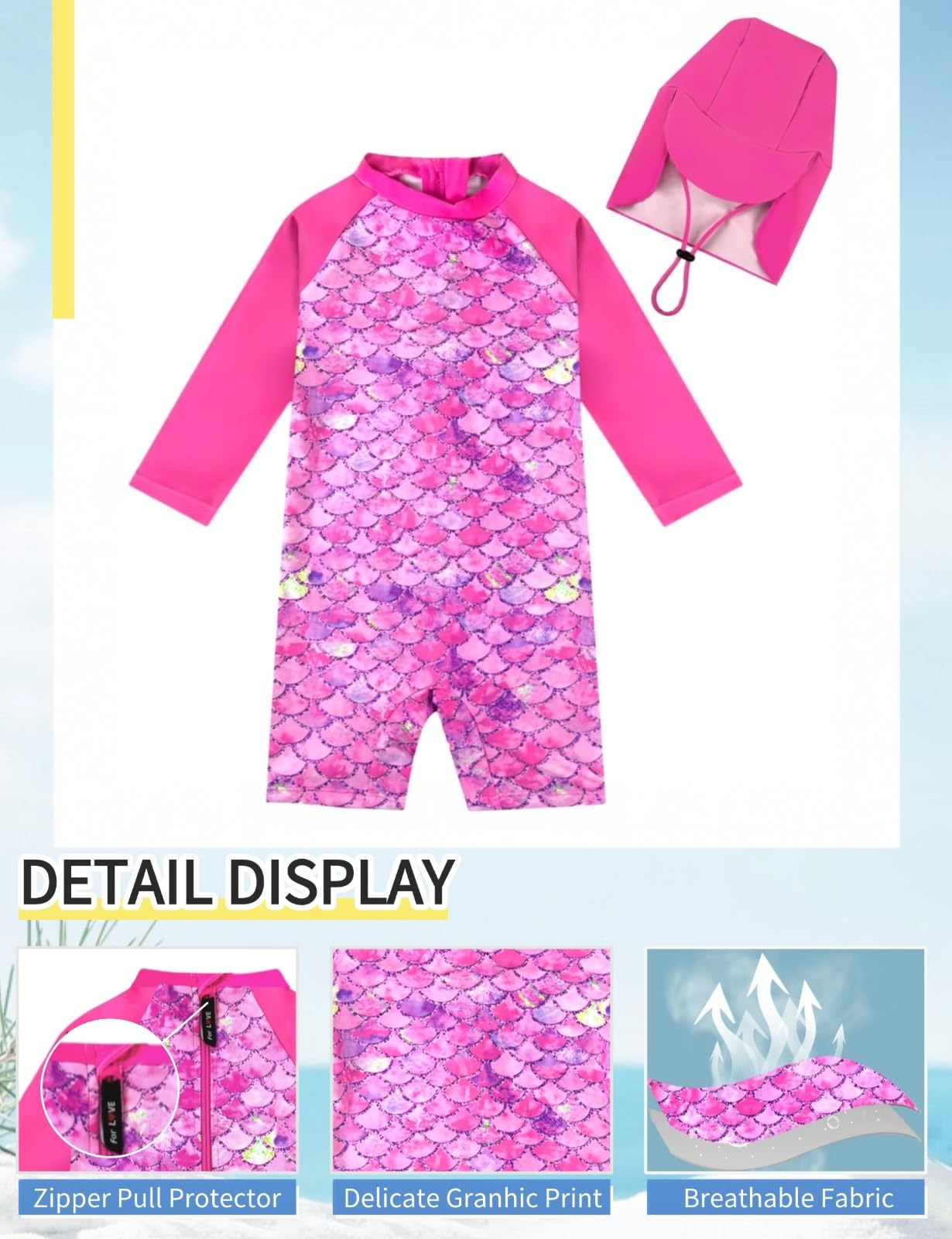 weVSwe Maillot de bain anti-UV pour bébé avec chapeau de soleil, UPF 50+, fermeture éclair, une pièce, pour enfants de 0 à 3 ans