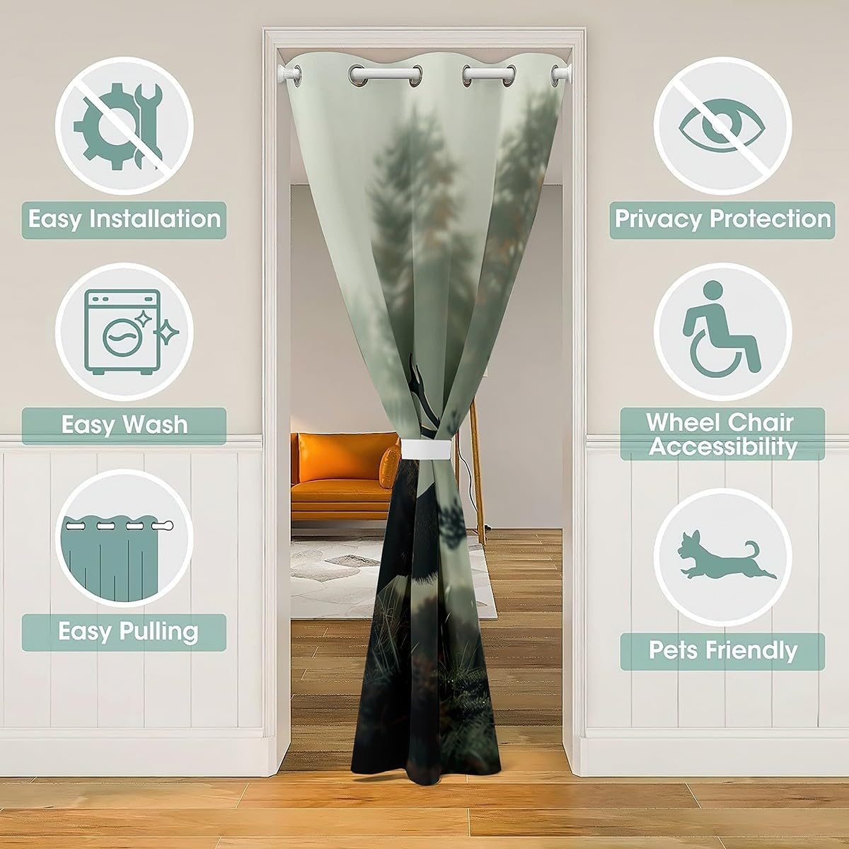 jejeloiu Deer Hunting Door Curtain for Doorway Privacy Antlers Closet Cover Cute Deer Room Divider Curtain 59" x 80" Wild Animal Bedroom Living Room Window Treatments