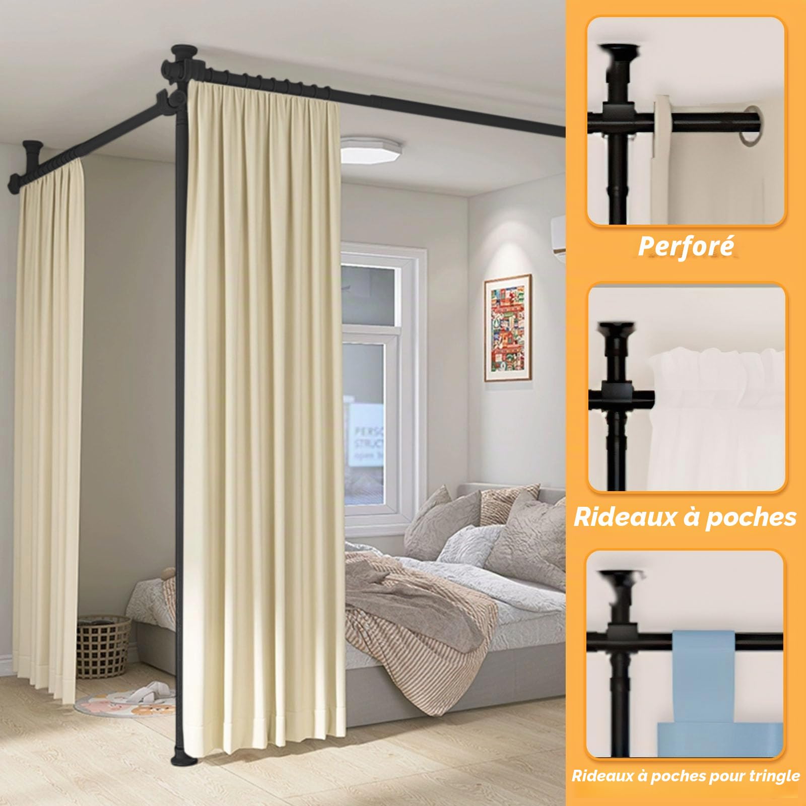 Cloison de séparation - Tringles à rideaux autoportantes sans rideau - Brise-vue pour salon, chambre à coucher ou bureau - 280 x 317 cm (l x H) - Noir