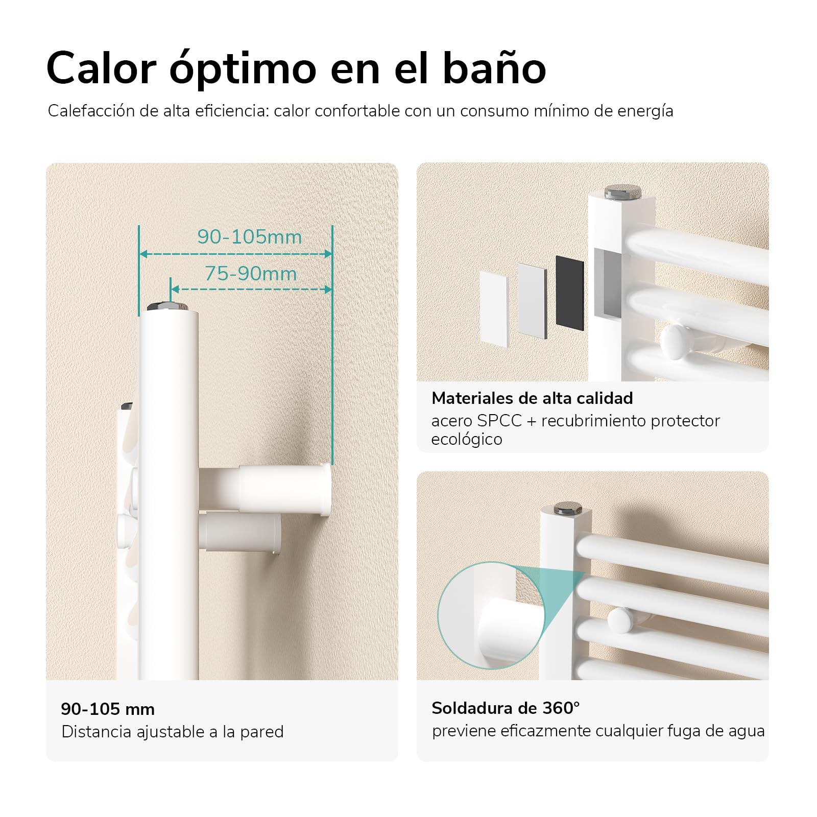 EMKE Toallero Baño Radiador, 120 x 40 cm, Tubo Redondo, Blanco | secador de Toallas con conexión Central, radiador secador de Toallas de Agua Caliente