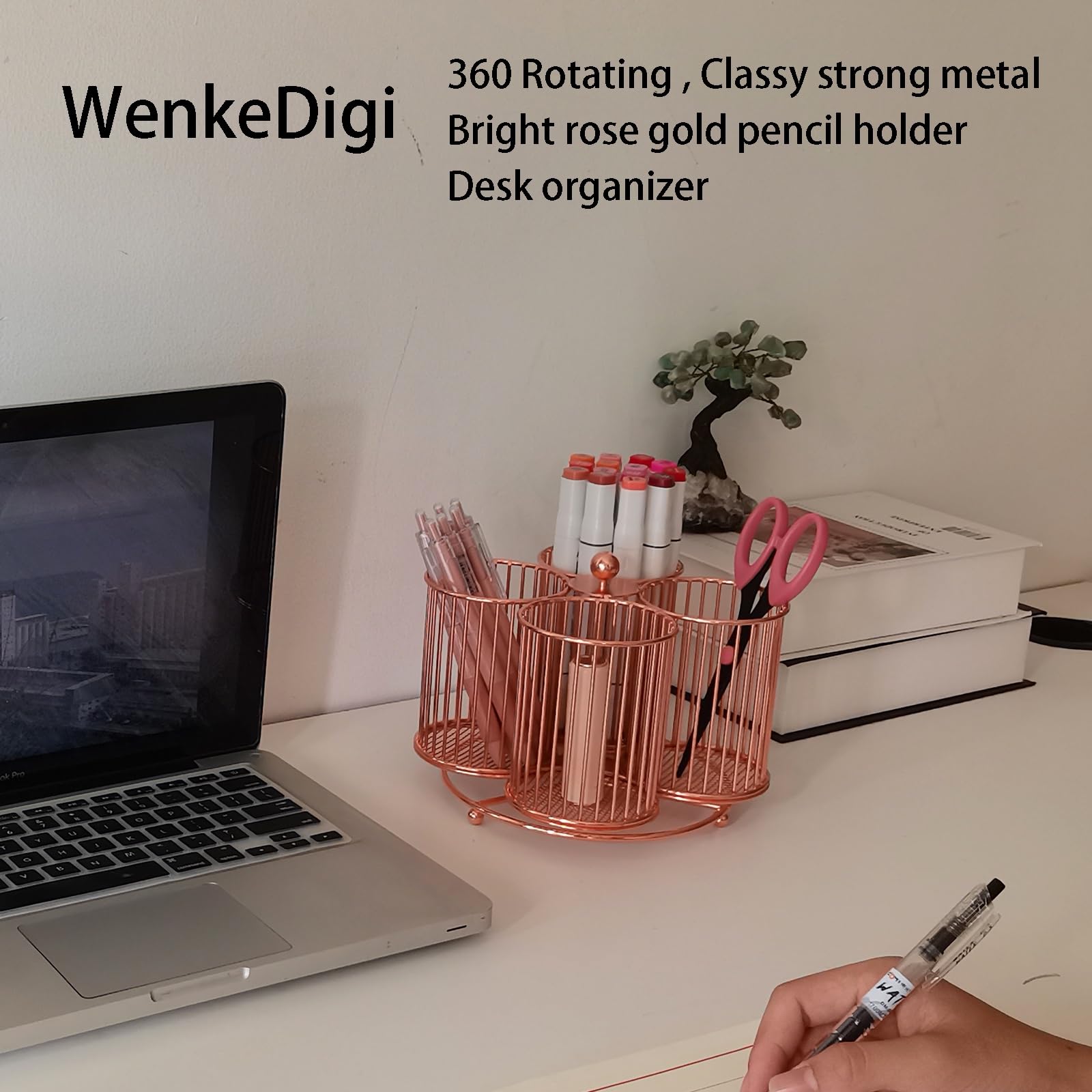 Rotgoldener Stifthalter, um 360 Grad drehbarer Metall-Bleistifthalter, Organizer, 4 Tassen, glitzernd, starkes Metall, drehbar, großes Fassungsvermögen, Büro-Stifthalter,