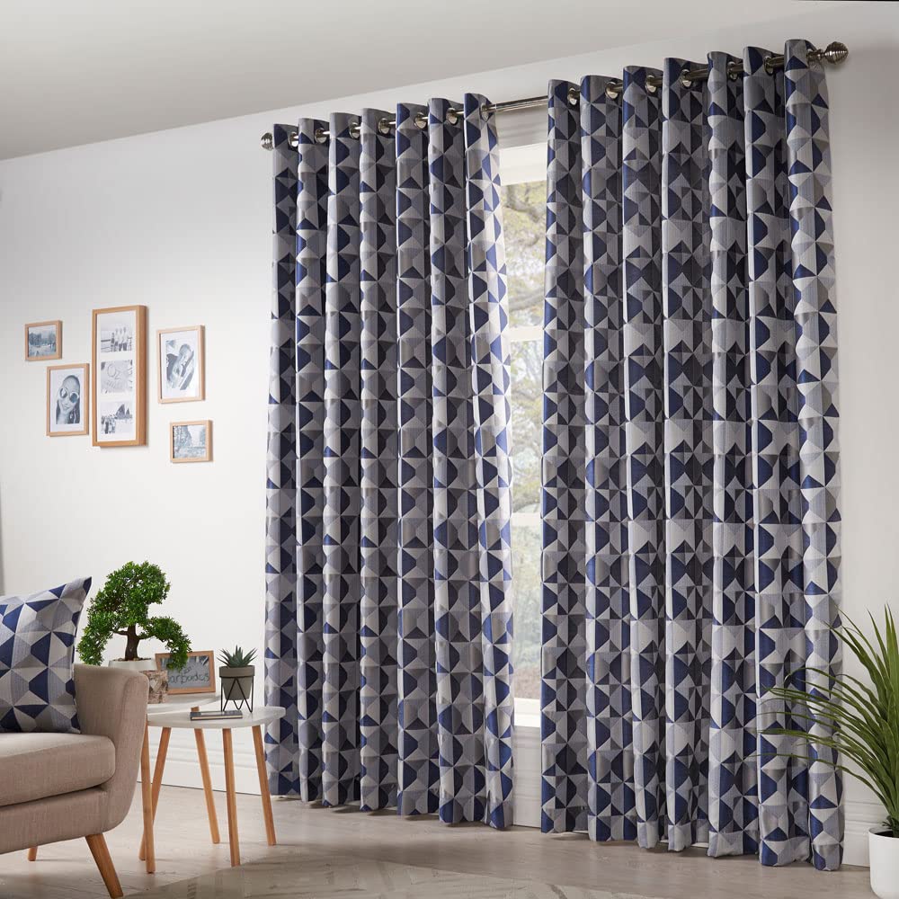 Skandi Eyelet Ring Top Curtains Fully Lined Weave Jacquard Navy 90x72