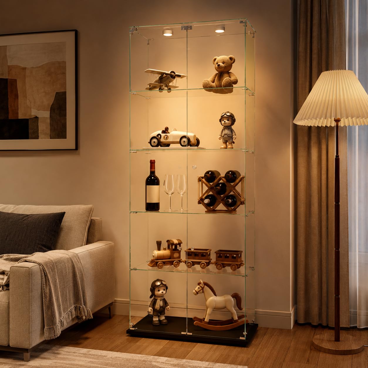 Vitrina de cristal con luces LED de pie, vitrina de cristal, 5 pisos, 2 puertas, armario de cristal adecuado para salón, dormitorio, oficina y bares (negro, 5 niveles, 2 puertas + LEDA)