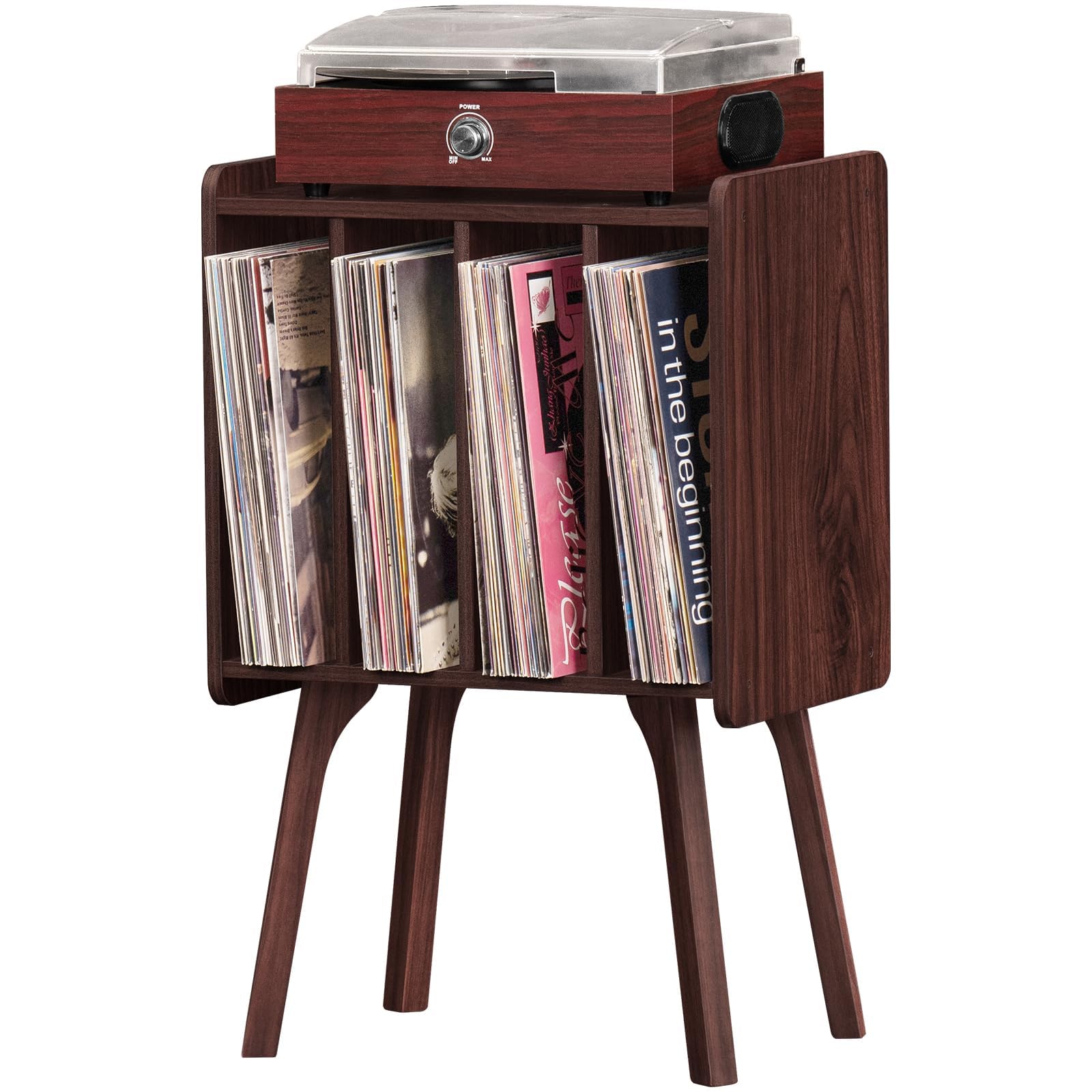 LELELINKY Présentoir à disques en bois avec 4 armoires, table Mid-Century pour tourne-disque vinyle avec pieds en bois massif, peut contenir jusqu'à 100 albums, étagère en vinyle noyer pour chambre à