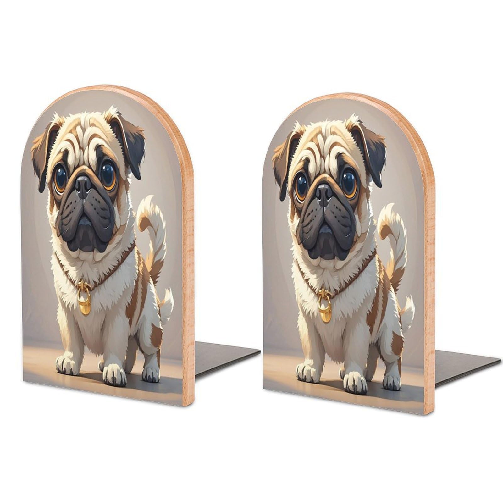 Cartoon Pug Bookend for Shelves Wooden Book End Sturdy Book Holders Stoppers with Metal Base for Bookshelves Slick Decorative Bookends Stands