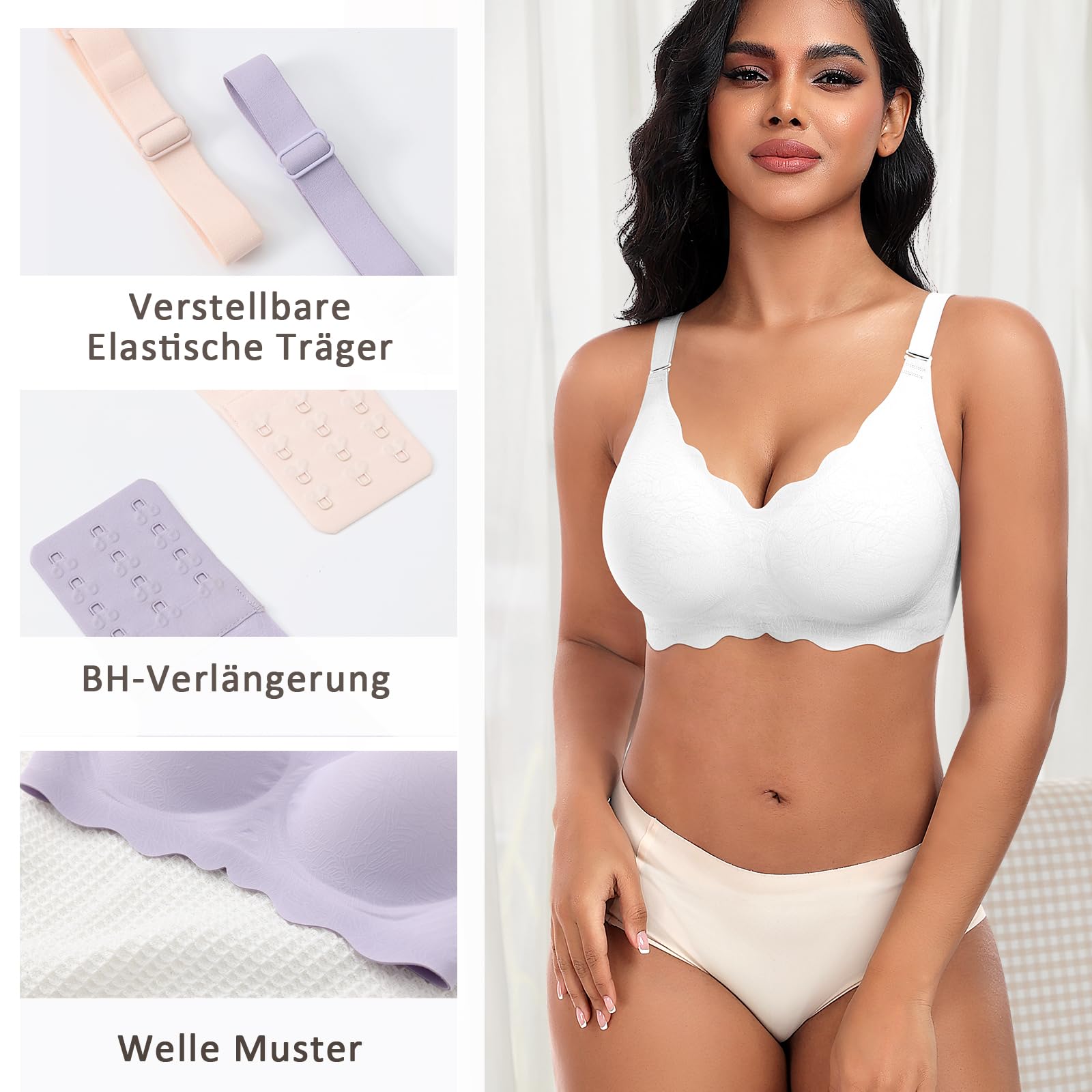 Jiuday Damen BH ohne Bügel Spitzen Soft BH Große Brüste Starker Halt Push Up Bügelloser BHS Gepolstert Seamless Bequemer Nahtloser Bra V-Ausschnitt Bralette