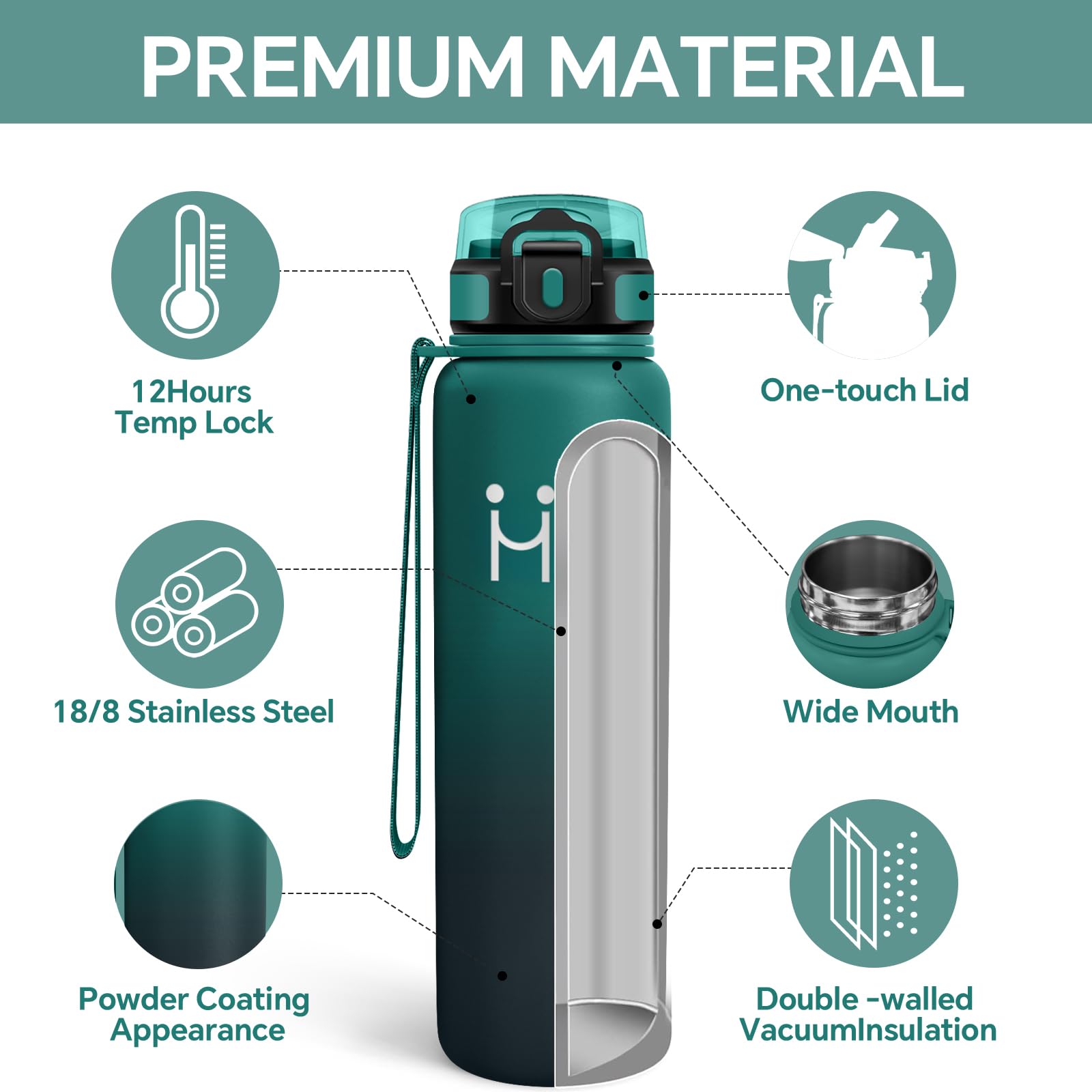 Borraccia Termica 1 litro - Borraccia Termica - Senza BPA - Bottiglia Termica Con Cannuccia- Borracce Termiche - Mantiene Caldo per 12 Ore/Freddo 24 Ore, Borracce per Sport, Ciclismo, Trekking - 3