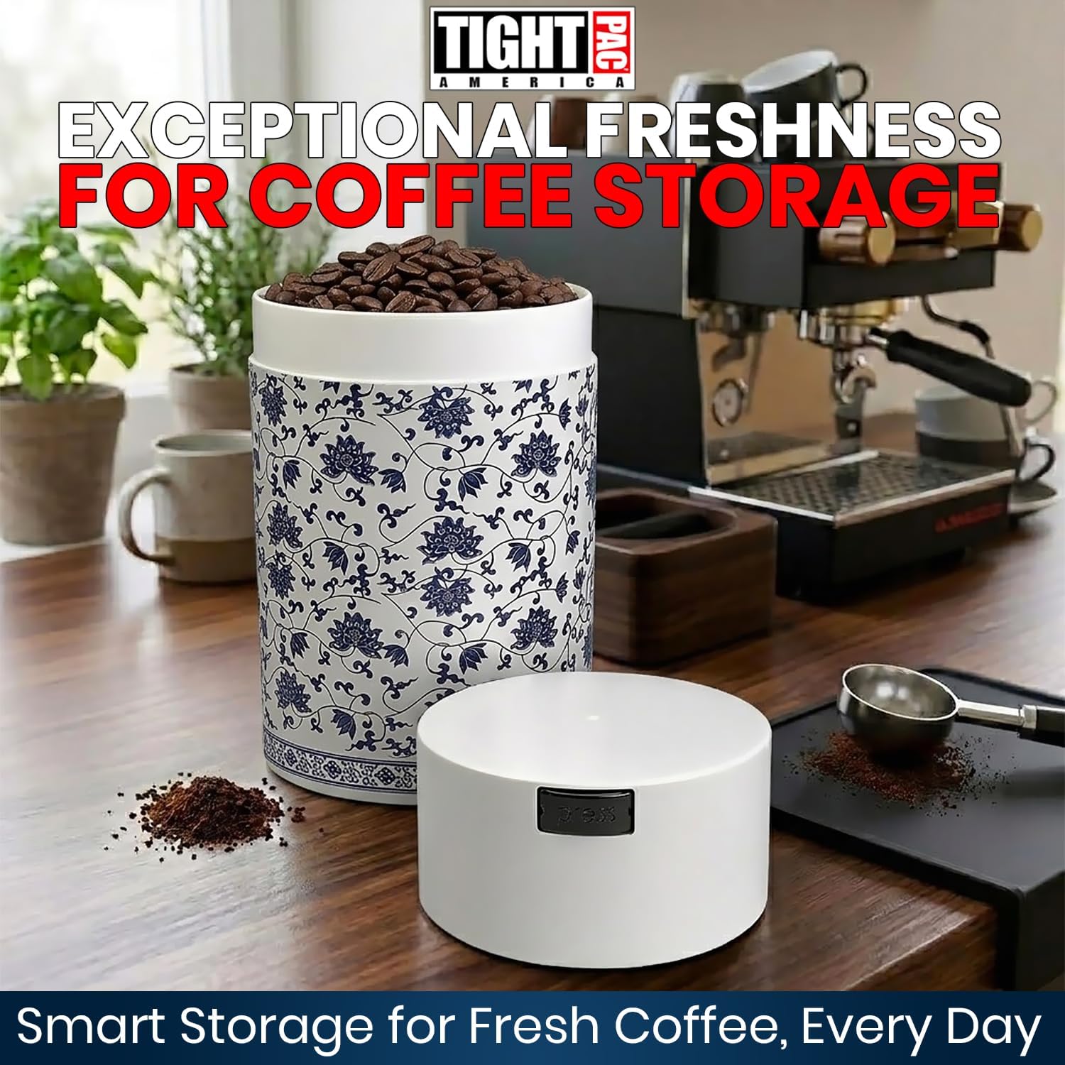 COFFEEVAC 1LB – Patented Airtight Container | Multi-use Vacuum Container Works as Smell Proof Containers for Ground Coffee and Coffee Bean Containers. White Floral image 2