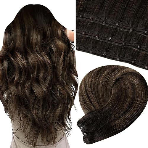 LaaVoo Beaded Weft Hair Extensions Human Hair Balayage Microbeaded Weft Hair Extensiosn Ombre Darkest Brown to Light Brown Beaded Hair Extensions Real Human Hair 22inch 50g