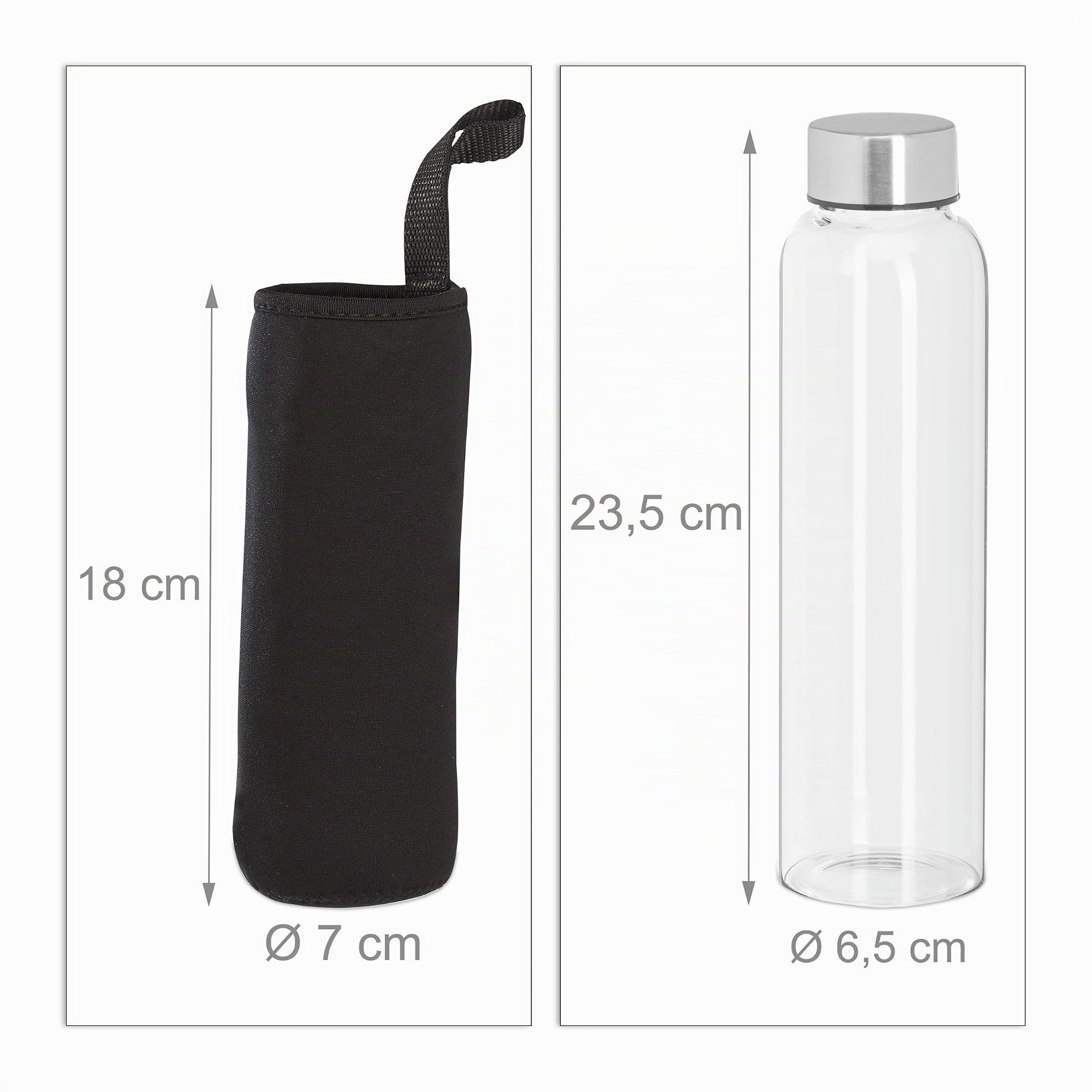 Relaxdays Set de 6 Botellas Agua con Funda, Aptas para Lavavajillas, Vidrio de Borosilicato, 500 ml, Transparente-Negro