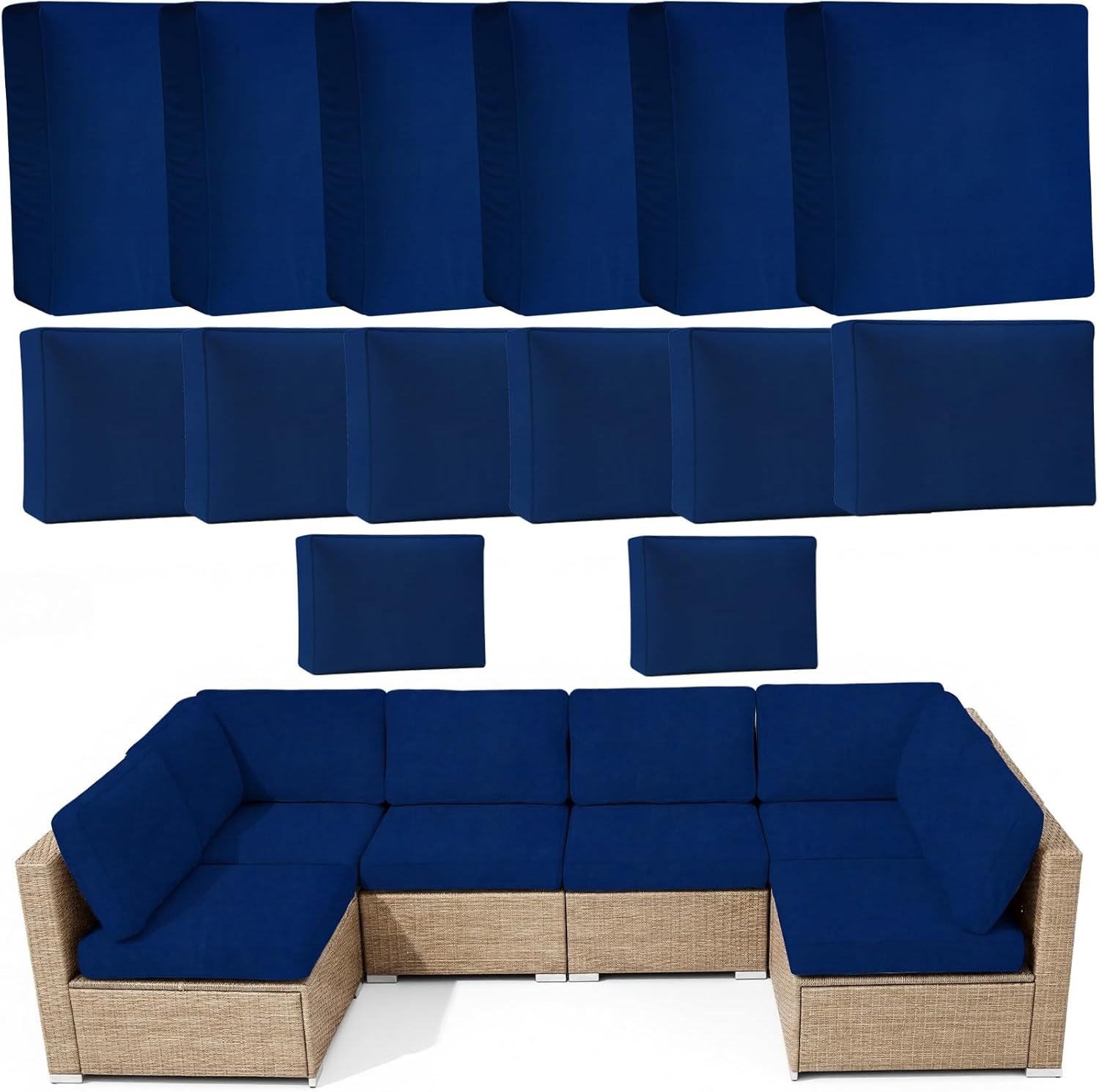 pickyNproud 14 Pieces Outdoor Cushion Covers for Patio Furniture, High Elastic Spandex Sectional Sofa Slipcovers Washable, Universal Fit Replacement Covers for 6-Seat Outdoor Couch, Navy Blue