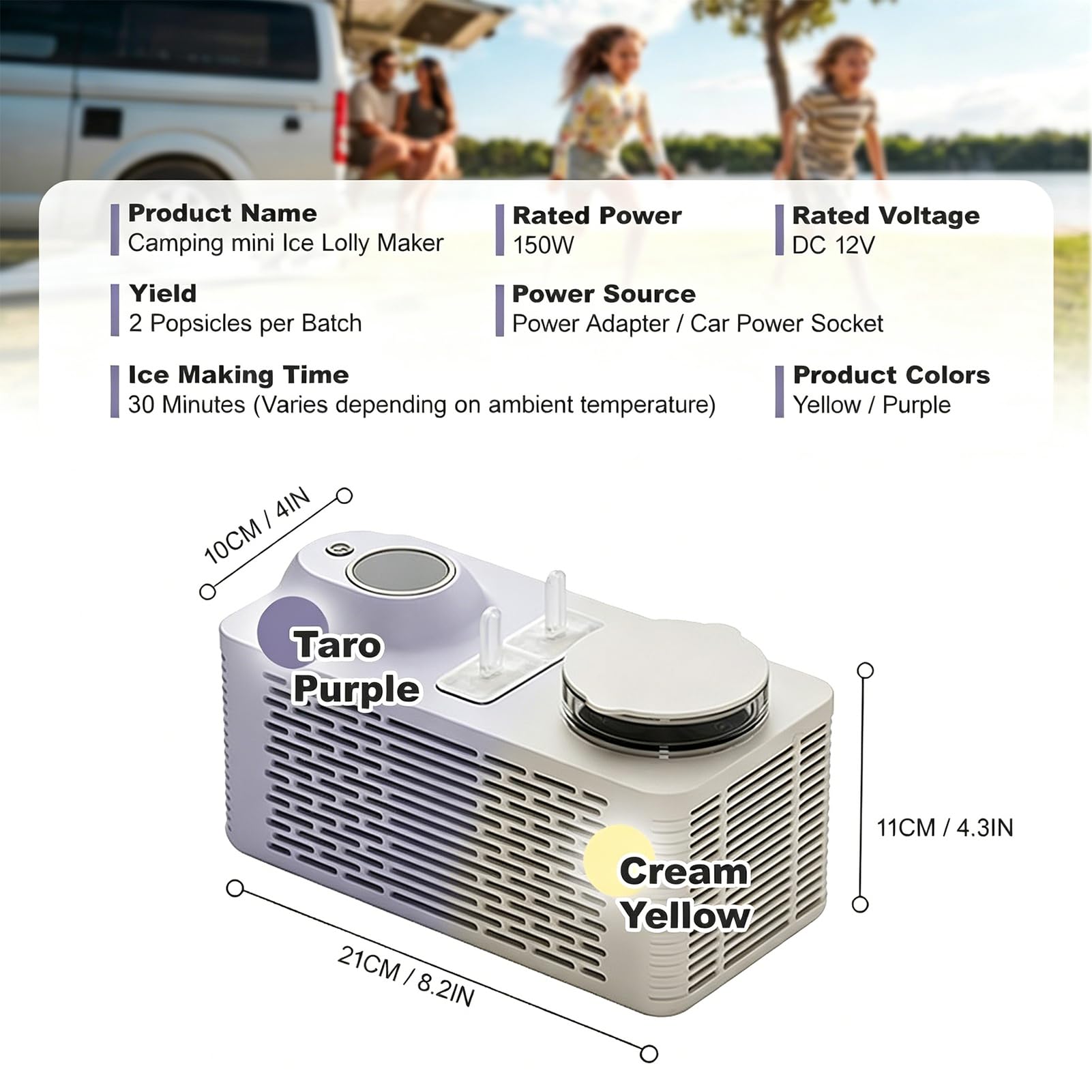 Mini máquina para hacer paletas de hielo, máquina de hielo portátil con 14 moldes de polos, 2 paletas en 25 minutos, para el hogar, coche, camping, oficina, color blanco