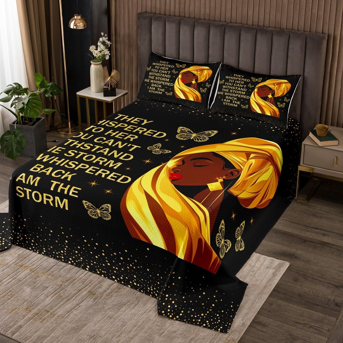 African Black Skin Women Bedspread King Size,Juneteenth Pride Freedom Coverlet Set,Girls Women Room Decor,Glitter Black Afro Girls Quilted Coverlet,Black Golden Fashion Bedding Quilt,2 Pillowcases