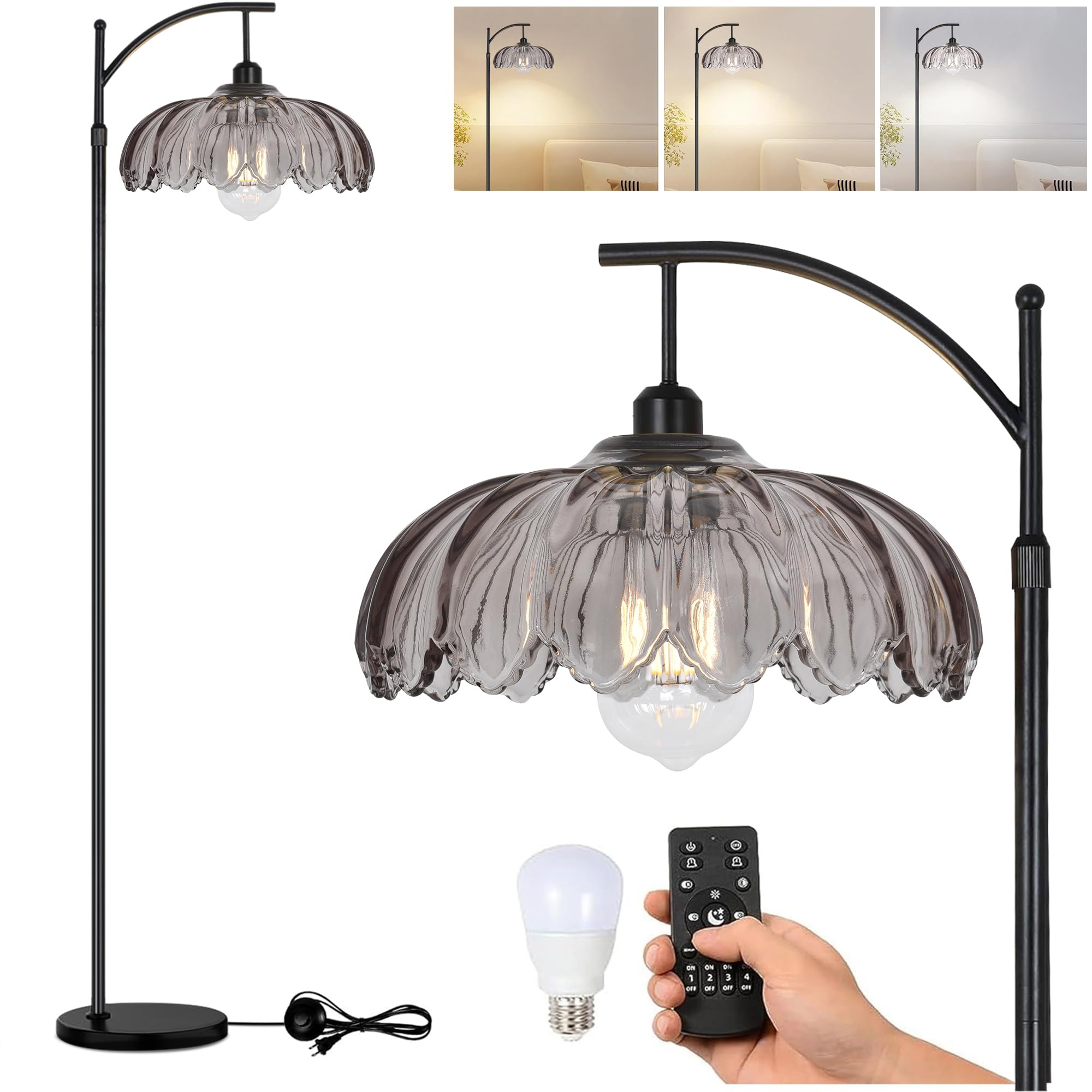 Arc Floor Lamps for Living Room with Remote,Black Dimmable Floor Lamp with Gray Glass Shade,Unique Vintage Flower Standing Tall Lamp,Modern Mid Century Floor Lamps for Bedroom Office Corner