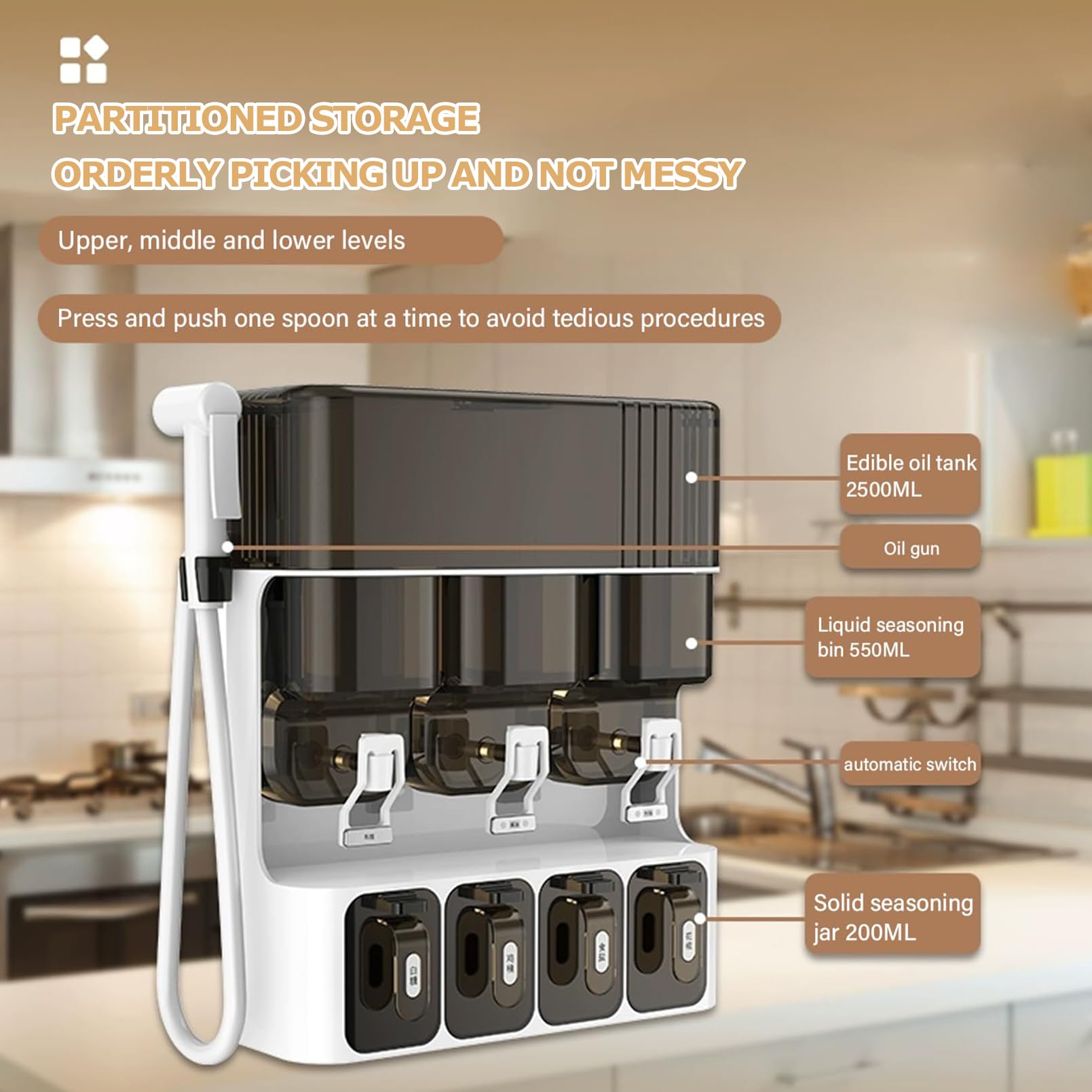 Organizer na przyprawy – montowany na ścianie akrylowy pojemnik na przyprawy z wysuwaną konstrukcją i słoikiem na olej do szuflad szafek i blatu, 2500 ml, 38 x 31 x 11,8 cm