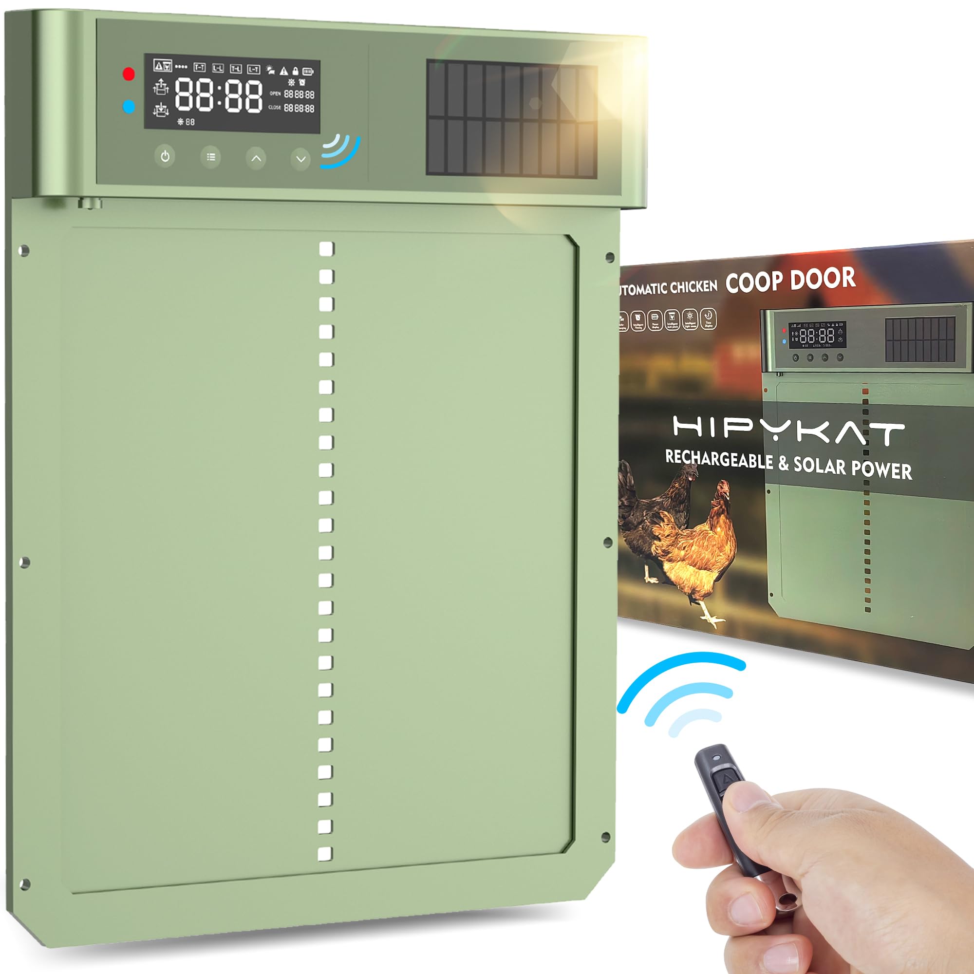 Hipykat Solar Automatic Chicken Coop Door - Poultry Auto Electric Opener with Time & Light Sensor Mode, LCD Display, Rechargeable Battery Powered, Remote, Weatherproof, Anti-Pinch, Aluminum Door