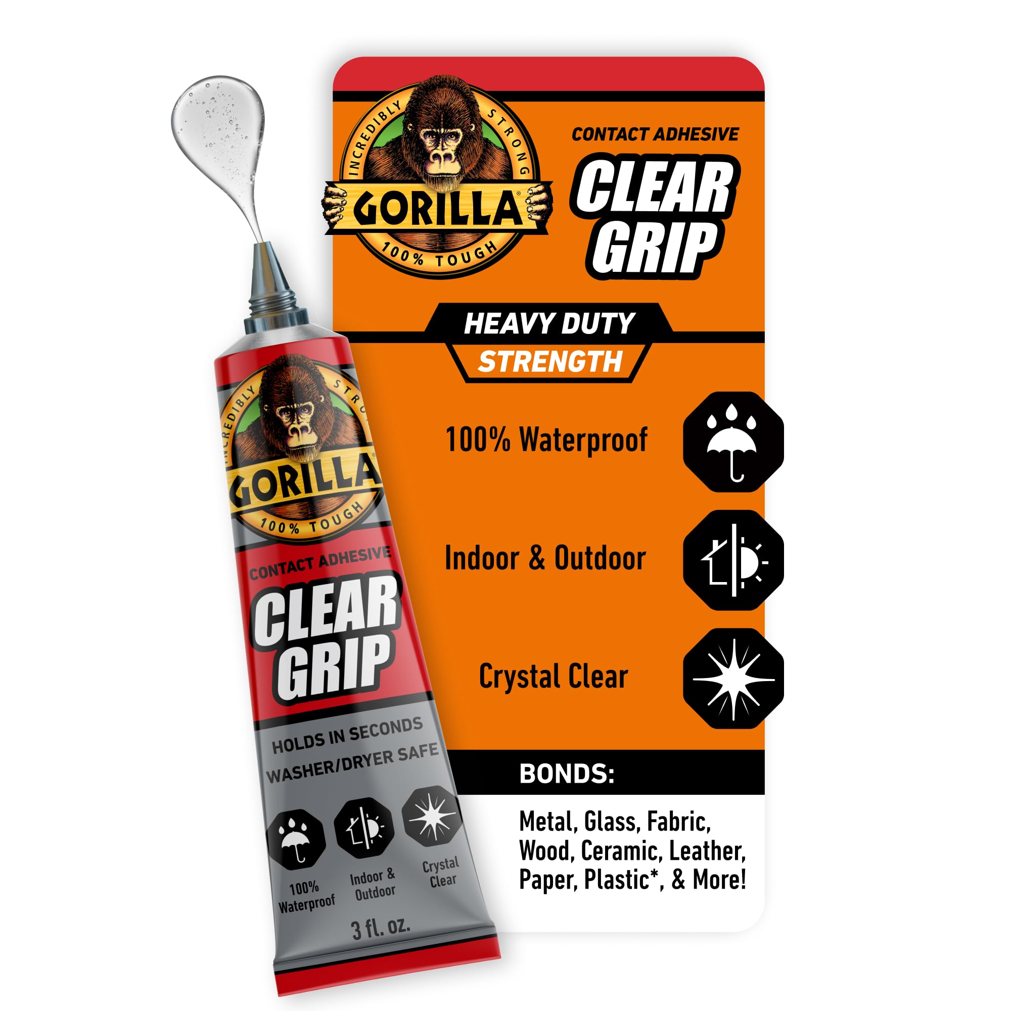 Gorilla Clear Grip Contact Adhesive, Waterproof, 3 ounce, Clear, (Pack of 1)