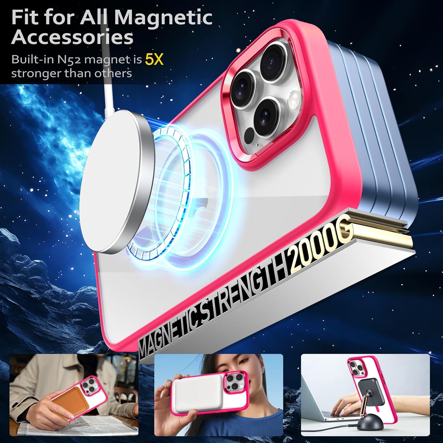 Magnetic for iPhone 16 Pro Max Case, [Compatible with MagSafe] [Military-Grade Protection] Clear Hard Back&Soft TPU Frame Shockproof Protective case for iPhone 16 Pro Max-6.9'' （Hot Pink） - Image 2