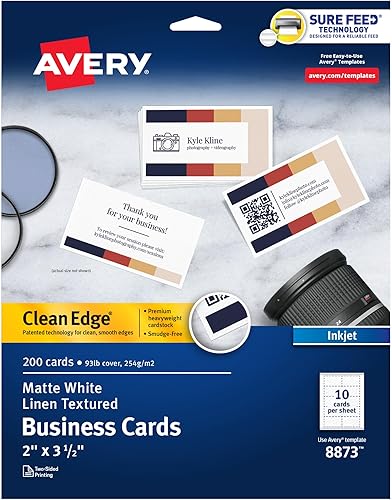 Avery Clean Edge Tarjetas de visita imprimibles con tecnología Sure Feed, 2 x 3.5 pulgadas, textura de lino blanco, 200 tarjetas en blanco para