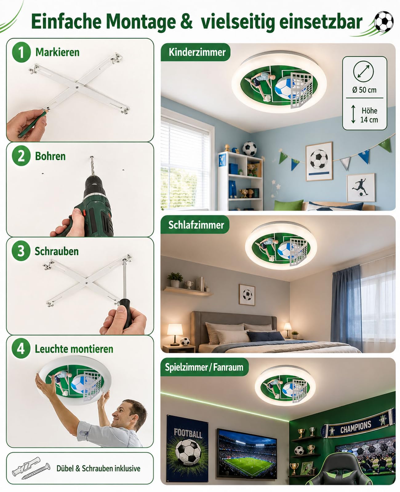 DROMEZ Fußball Deckenlampe Kinderzimmer, LED Deckenleuchte Kinder mit Fernbedienung Dimmbar, Lampe Decke 48W 2400LM 3000K/4500K/6000K, Schlafzimmer für Junge Mädchen Deko, Ø50cm