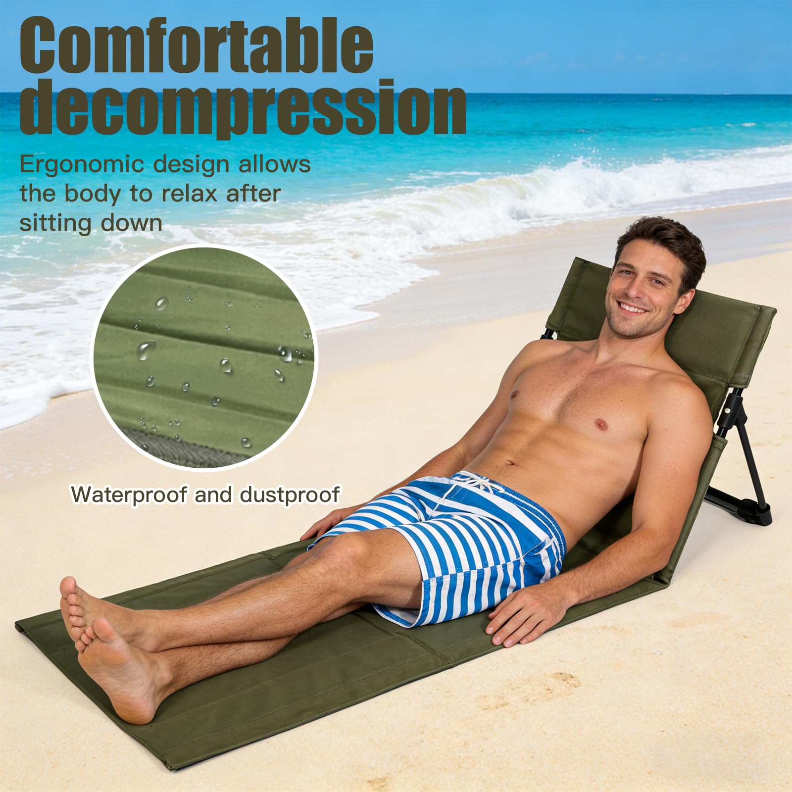 Sitzunterlage Outdoor mit Rückenlehne, Strandmatte Klappbar Leicht, Bodenstuhl Outdoor & Stadion Sitzkissen, Faltbare Liegematte für Strand, Camping, Picknick, Garten (Grün-108×40,5×41cm)