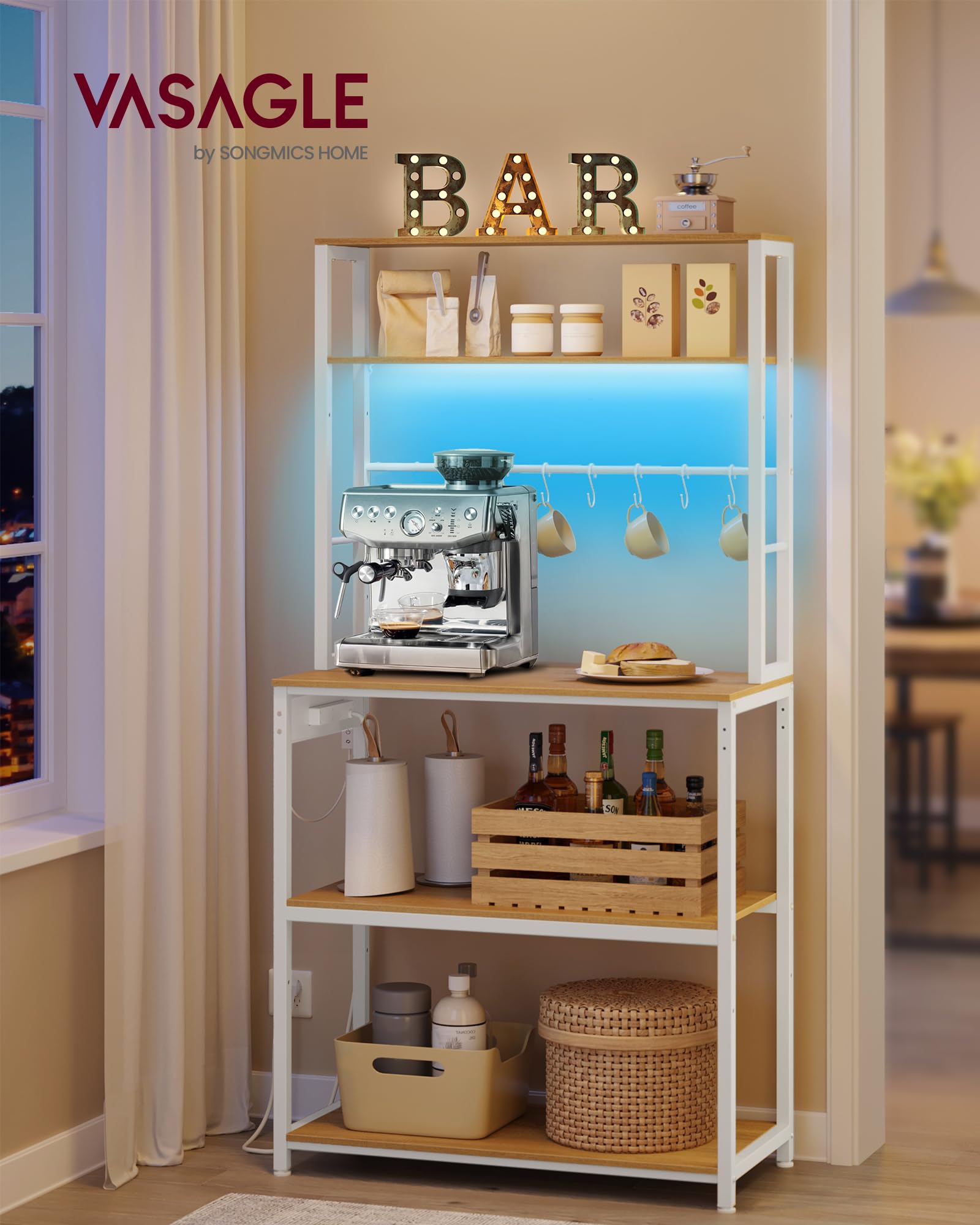 VASAGLE Küchenregal mit LED-Beleuchtung, Standregal mit Steckdosen, Mikrowellen-Regal mit verstellbaren Ablagen, 8 Haken, 40 x 80 x 168,4 cm, goldeichenfarben-mattweiß KKS050YA01
