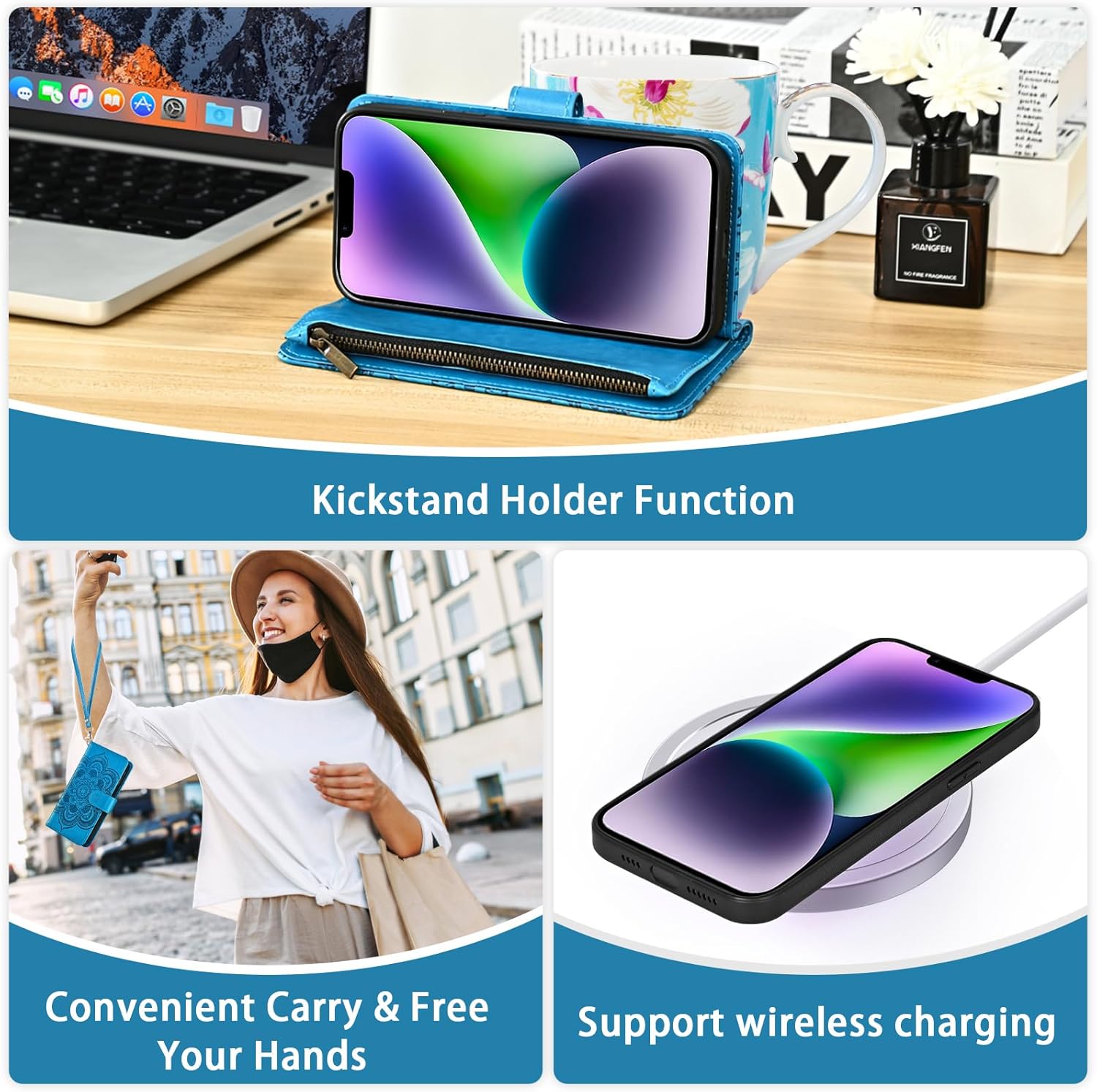 Asuwish Phone Case for iPhone 14 Plus 6.7 inch Zipper Wallet Cell Cover with Tempered Glass Screen Protector Strap Flower Card Holder i-Phone 14+ iPhone14Plus 5G i i14 + iPhone14 14Plus Women Men Blue