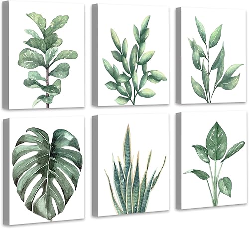 Drsoum Lienzo botánico enmarcado para pared, impresiones de plantas tropicales de hojas verdes en acuarela, decoración de pared bohemia para