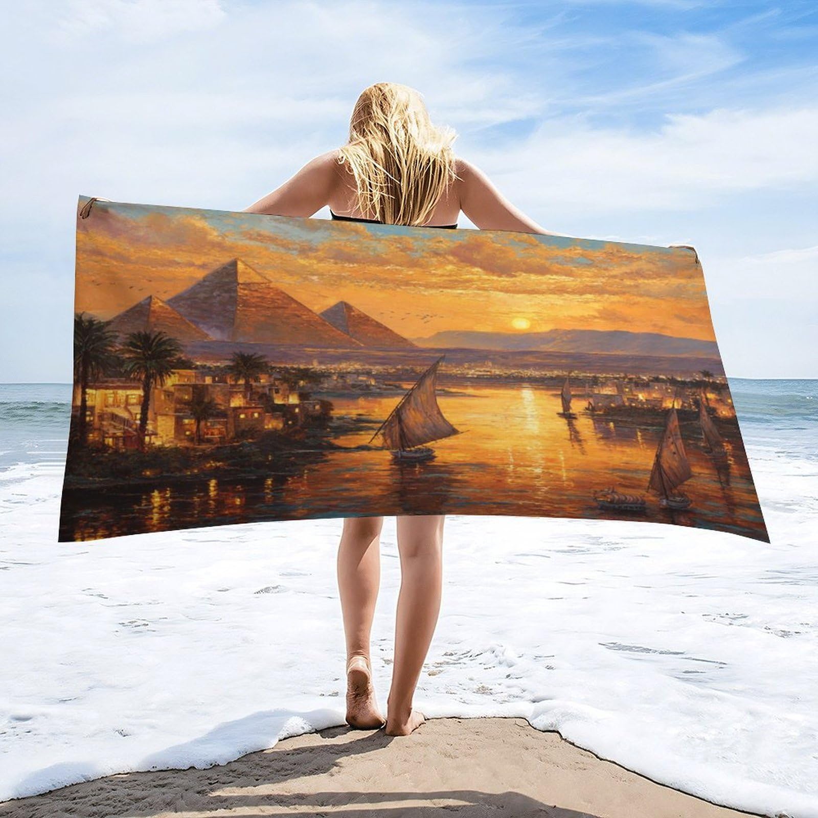 Luyysky Modern Realistic Egyptian Pyramid Quick-Drying Beach Towel, Classic Oil Painting Sunset Lanscape Tropical Plant Palm Trees Travel Vacation Single Sided Pile Bathroom Towels-80"W Cm X 160"L Cm