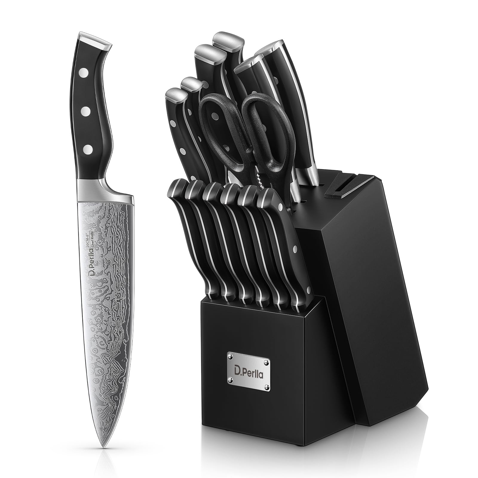 Knife Set, D.Perlla 15 Pieces Kitchen Knife Set with Built-in Sharpener, High Carbon Stainless Steel Knife Block Set with Unique Waved Pattern, Triple