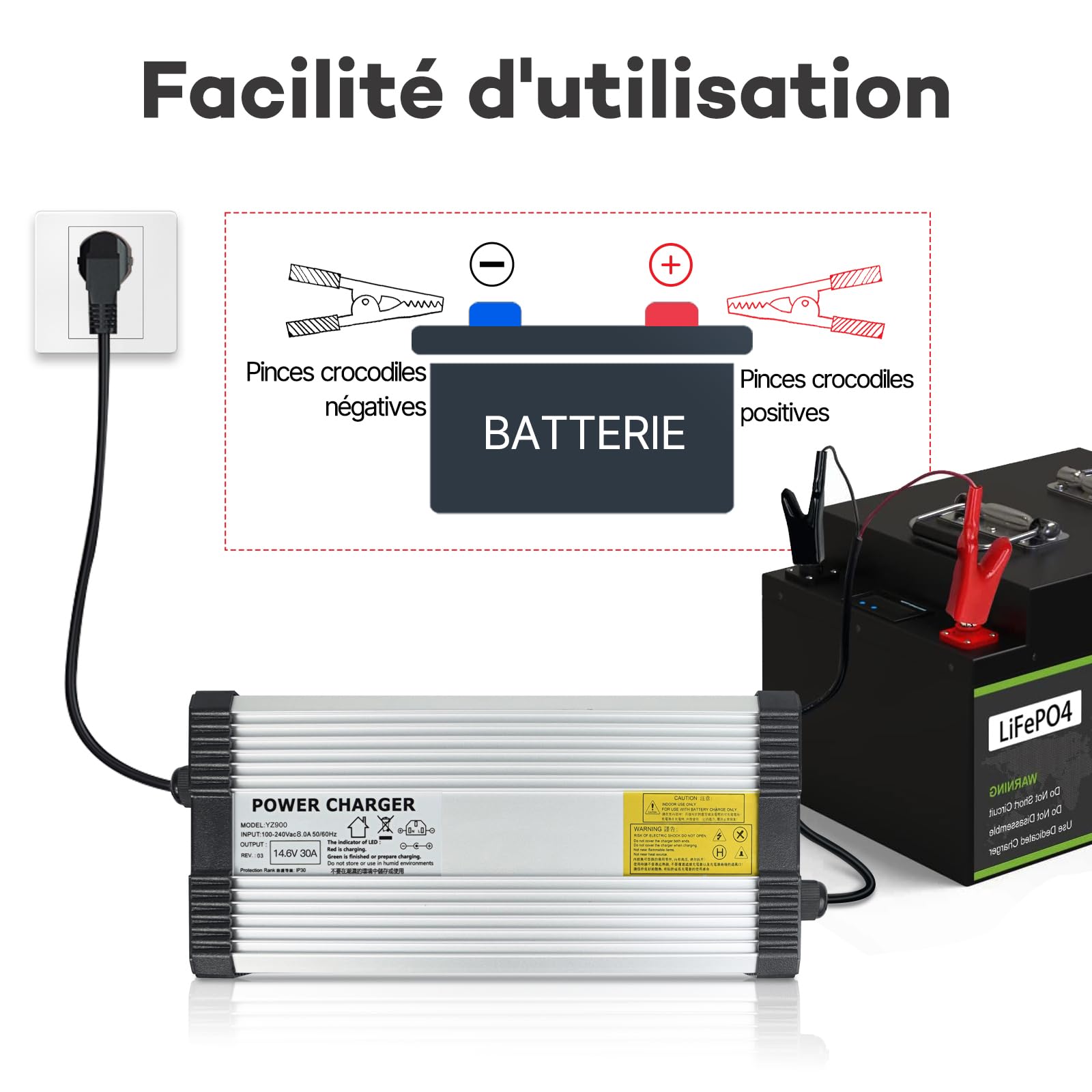 Chargeur Batterie LiFePO4 14,6V 30A avec Pinces Crocodile – Chargeur Haute Puissance pour Batterie Lithium 12V, Système Solaire et Usage Intensif