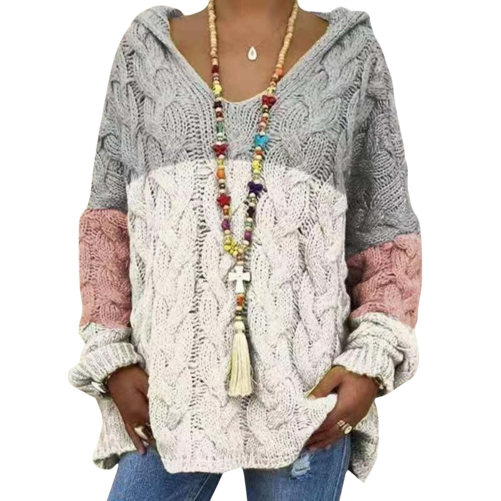 Fall Knit Hooded Sweater for Womens Casual Long Sleeve Chunky Loose Fit Cable Knitted Pullover Sweater Tops