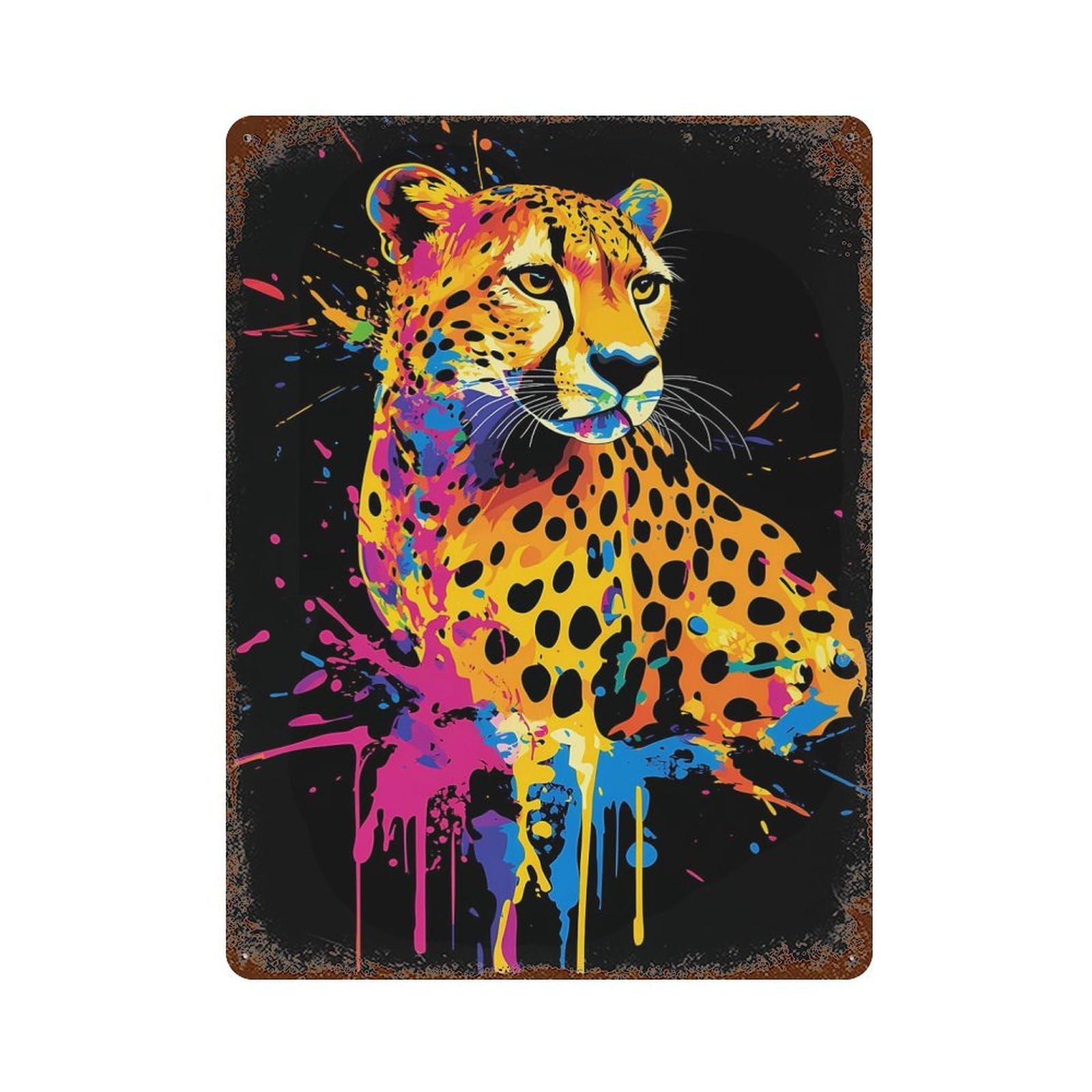 Colorful Cheetah Portrait on Black Background Rusty Metal Tin Sign 15.7"x11.8", Ideal for Patio, Garden Room And Bar Decor