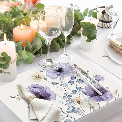 Miniatura 3 de Bonhause Juego de 4 manteles individuales florales de acuarela de 12 x 18 pulgadas, color lila, morado, marrón, hojas de flores, manteles