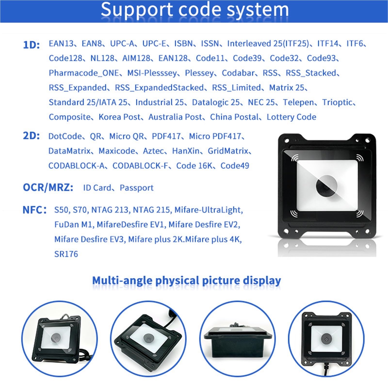 Lector de pasaportes Escáner Tarjetas identificación, escáner códigos QR con Barras Integrado NFC OCR MRZ Almacén Logístico