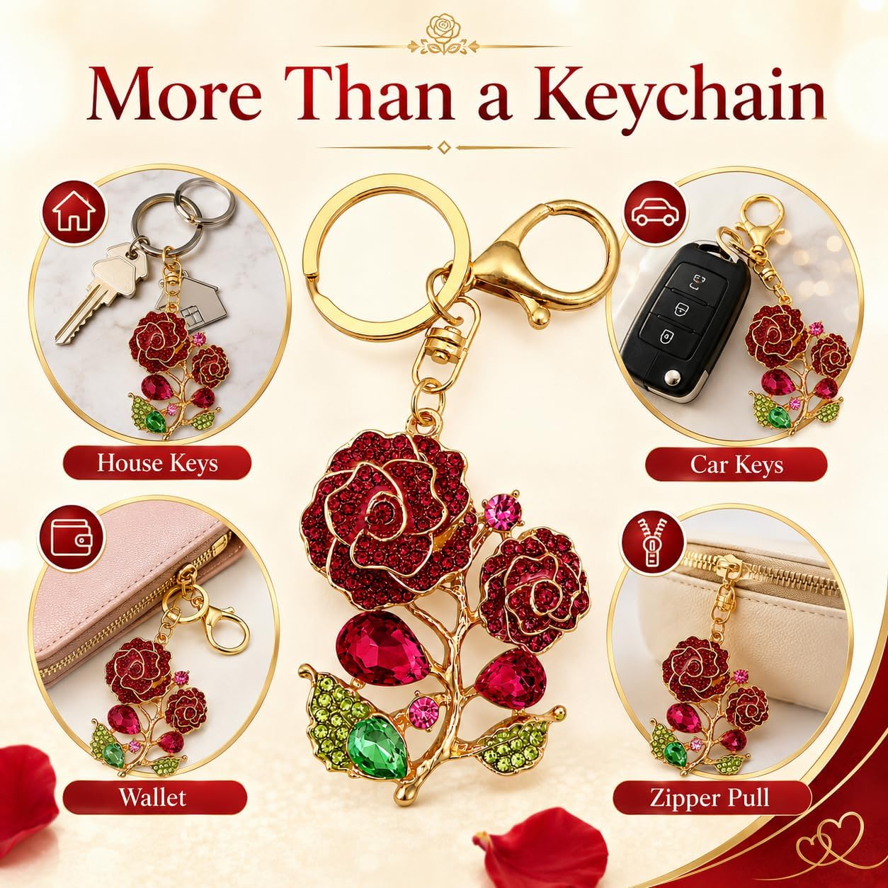 Heart Pearl Flower Keychain Elegant Crystal Rhinestone Bag Charm Gold Purse Pendant Cute Accessory Gift for Women image 5