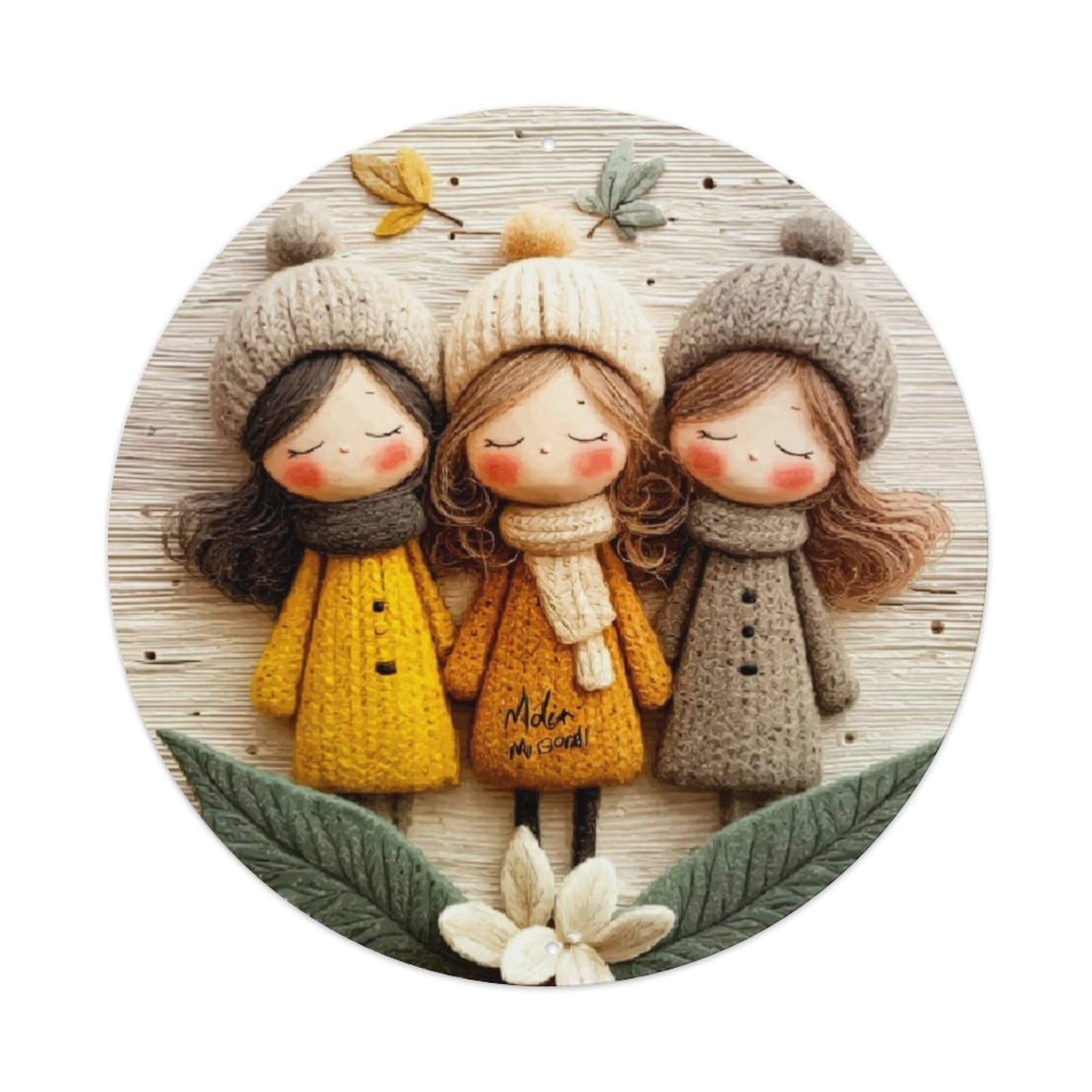 Three Dolls In Coats And Hats Retro Metal Sign Round Tin Sign, Vintage Decor Art Poster for Bar, Home, Man Cave, Kitchen, Laundry Room Gift 8x8Inch